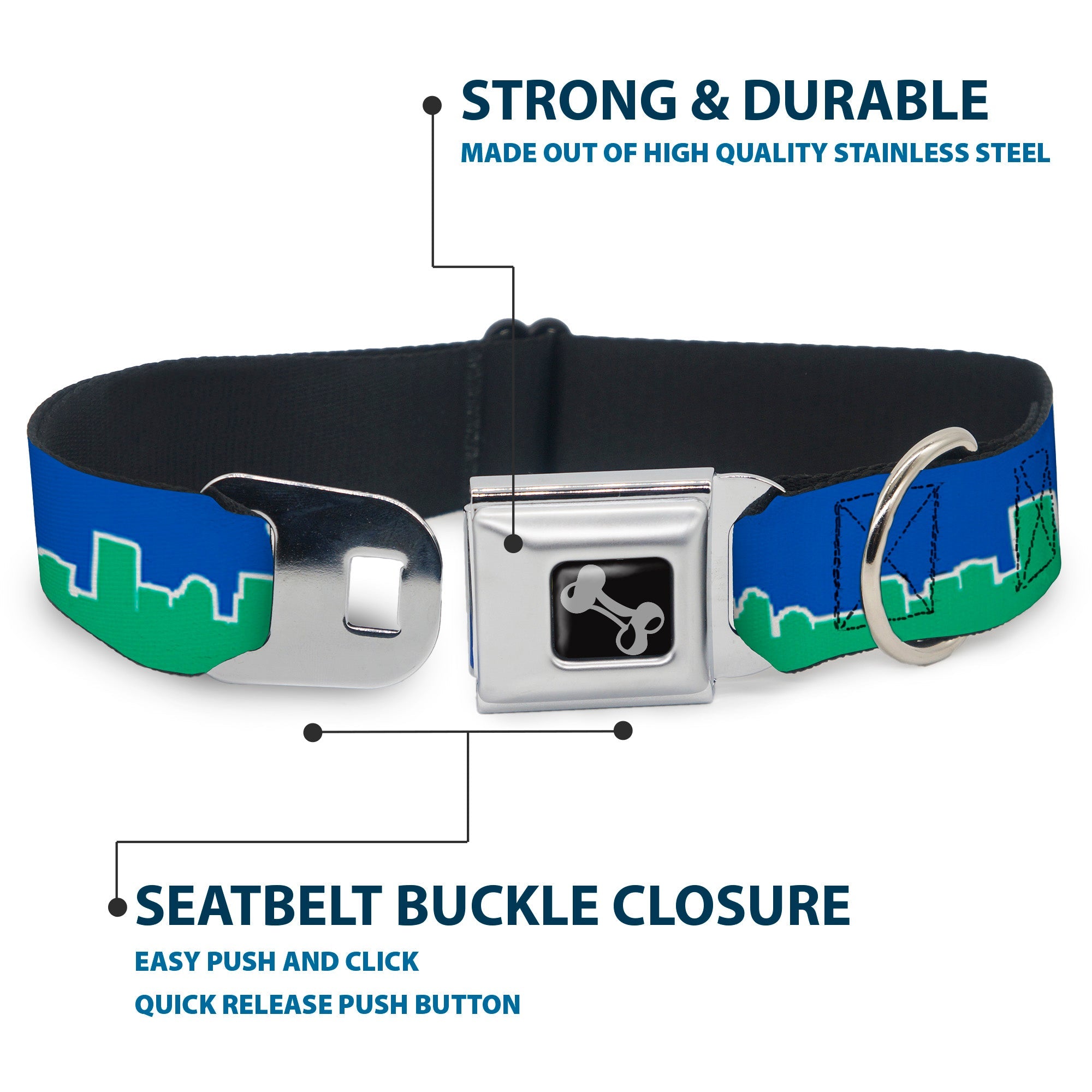 Dog Bone Seatbelt Buckle Collar - Seattle Skyline Blue/Green