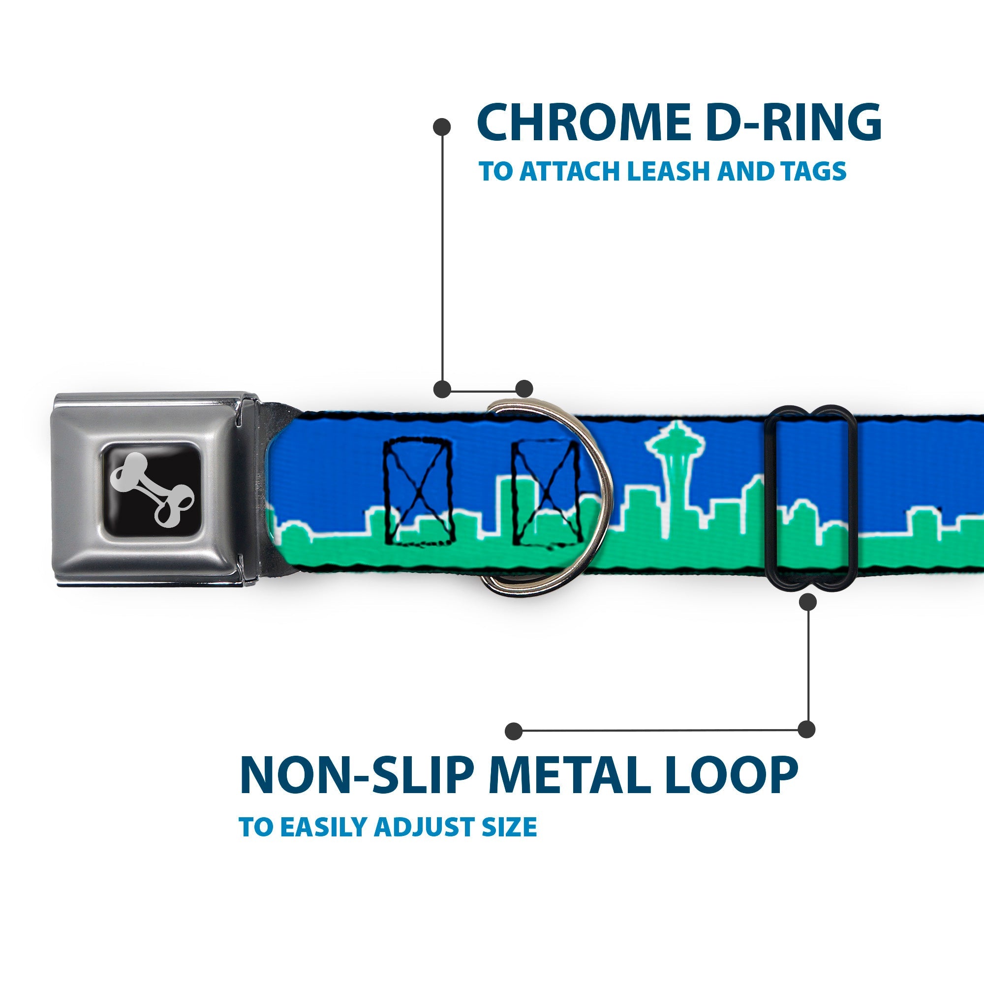 Dog Bone Seatbelt Buckle Collar - Seattle Skyline Blue/Green
