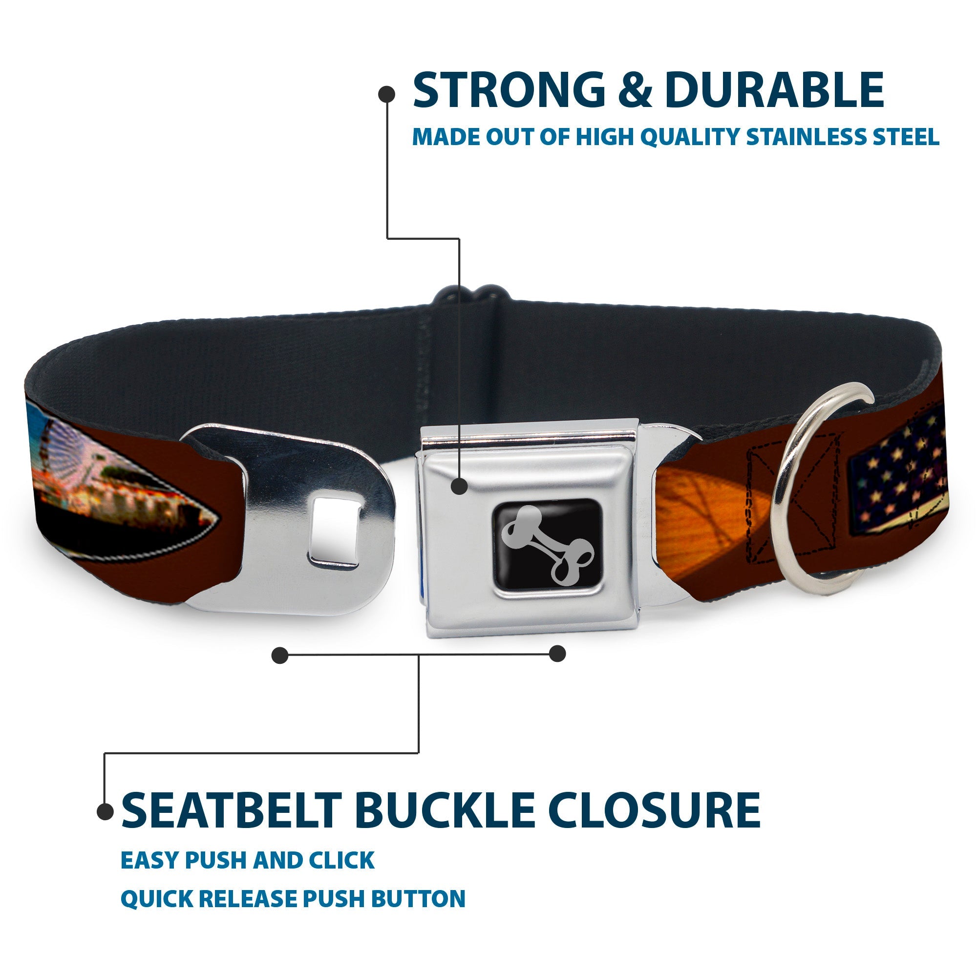 Dog Bone Seatbelt Buckle Collar - Surfboard Cali Scenes/US Flag Brown