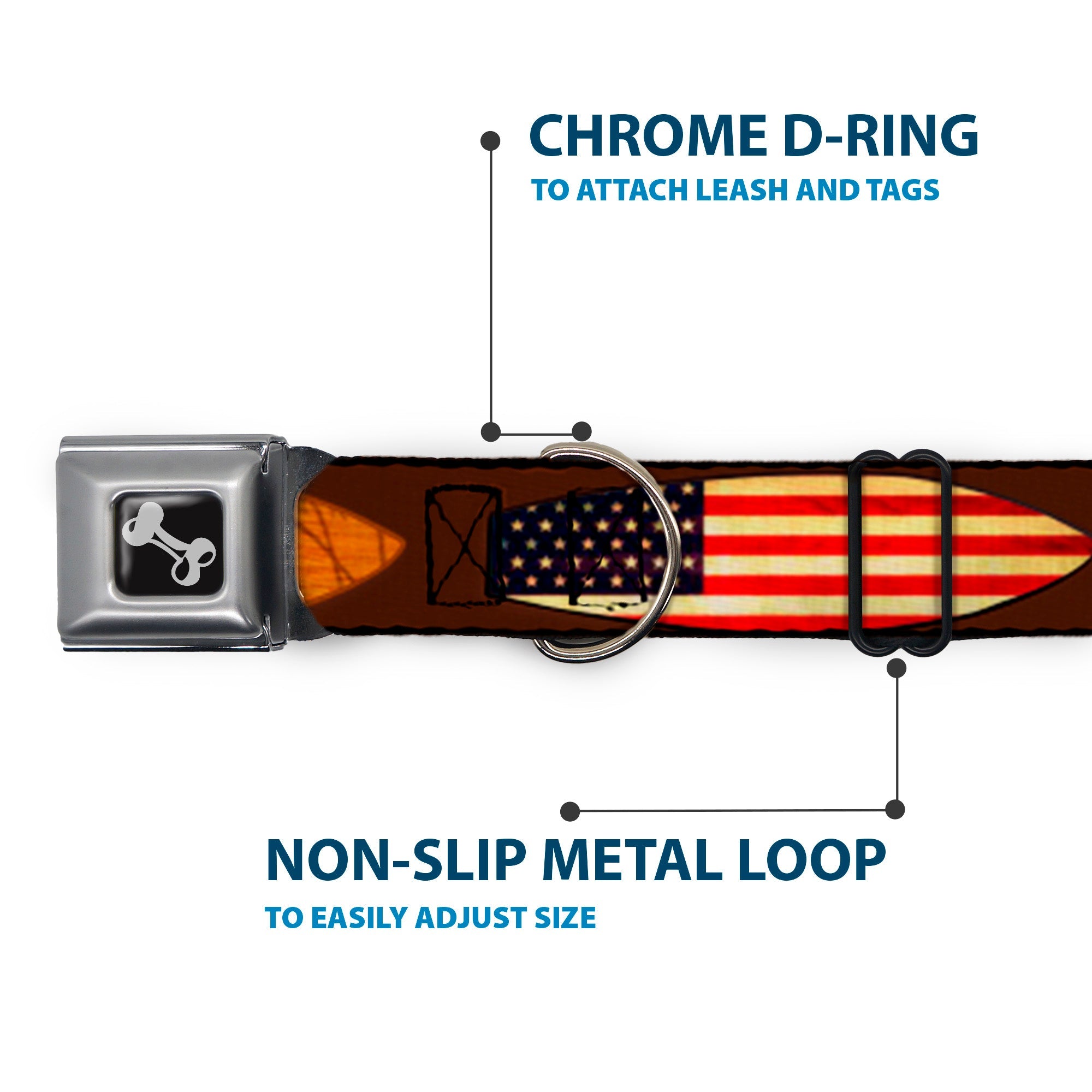 Dog Bone Seatbelt Buckle Collar - Surfboard Cali Scenes/US Flag Brown