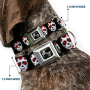 Dog Bone Seatbelt Buckle Collar - Sugar Skulls Black/White/Red
