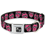 Dog Bone Seatbelt Buckle Collar - Sugar Skulls Black/White/Fuchsia
