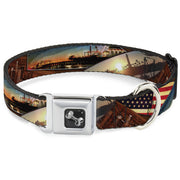 Dog Bone Seatbelt Buckle Collar - Surfboard Cali Scenes/US Flag Stacked Brown