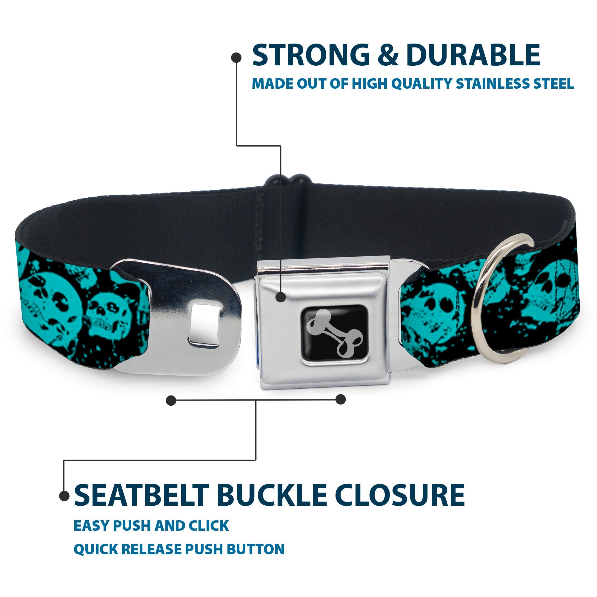 Dog Bone Seatbelt Buckle Collar - Skulls Stacked Weathered Black/Teal