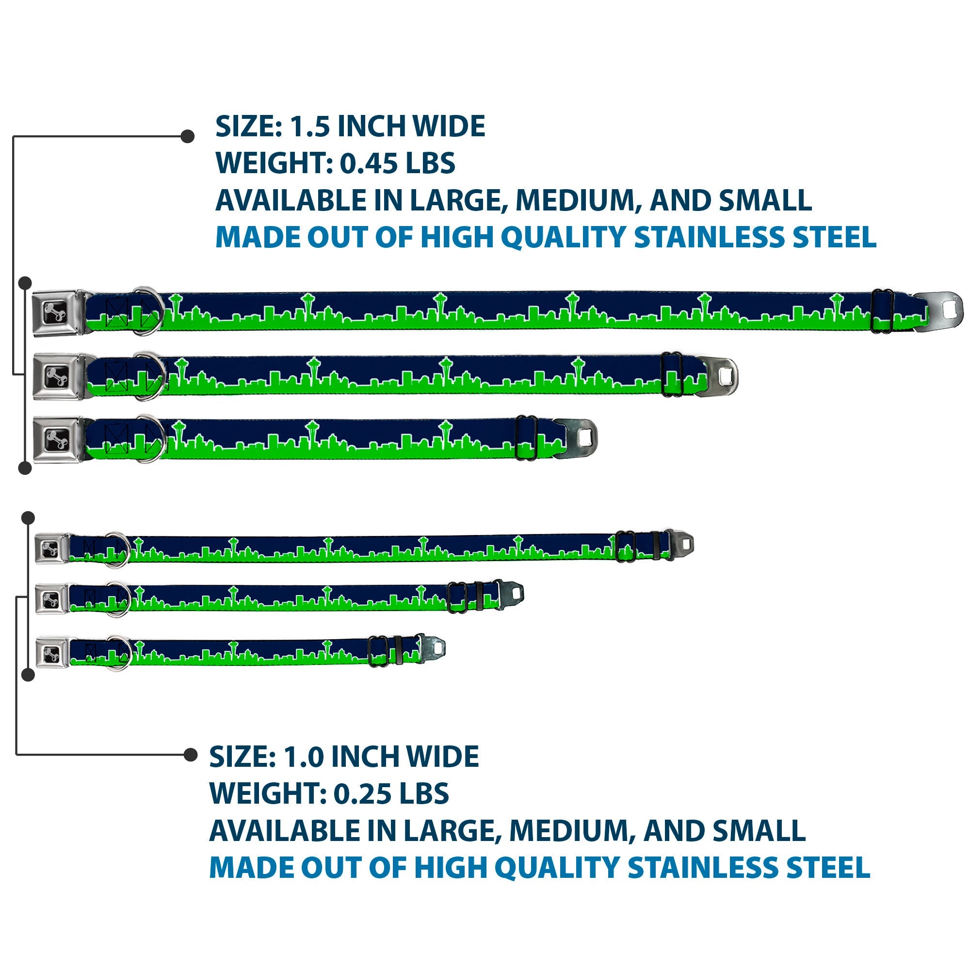 Dog Bone Seatbelt Buckle Collar - Seattle Skyline Navy/Lime Green