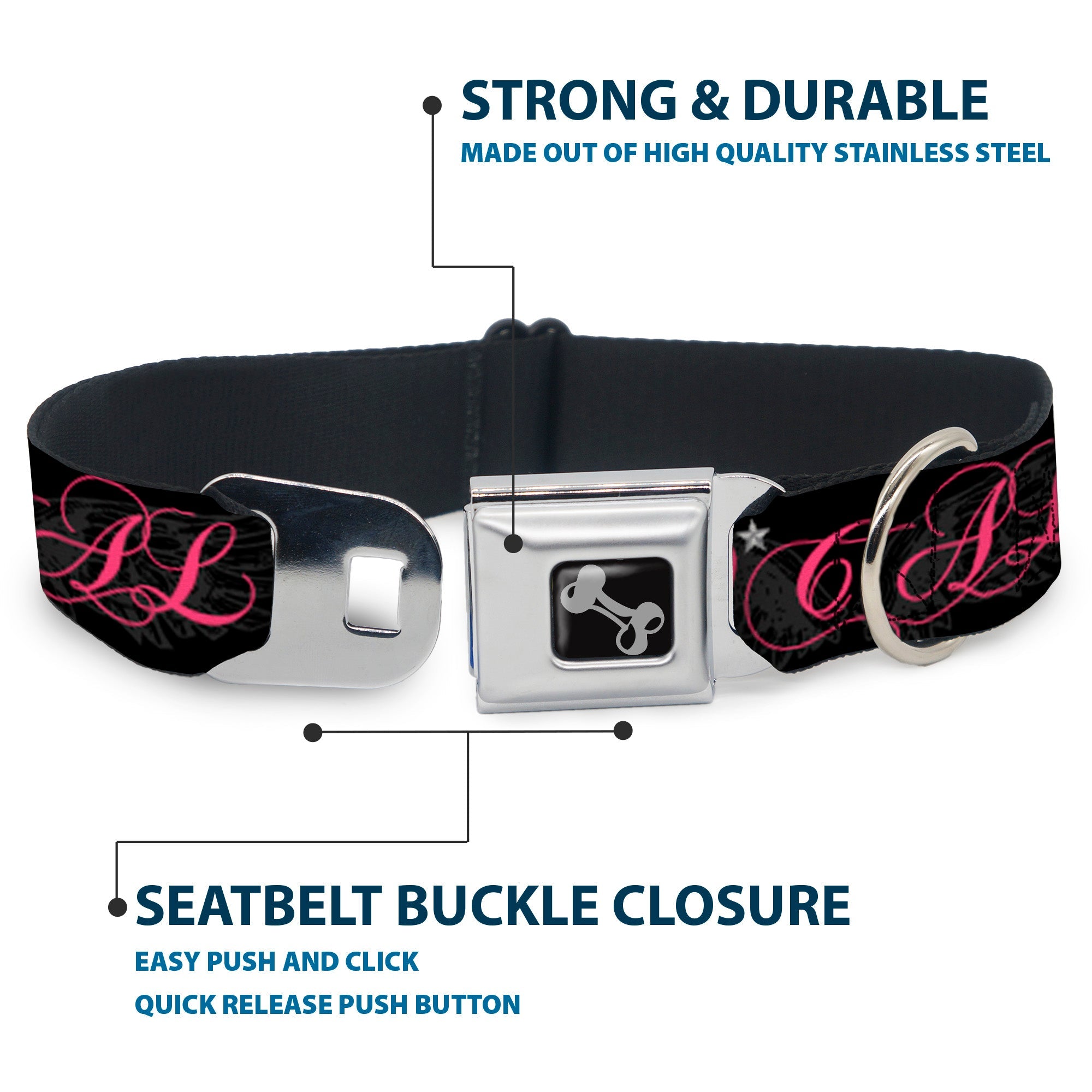 Dog Bone Seatbelt Buckle Collar - SO CAL Script/Wings Black/Gray/Pink