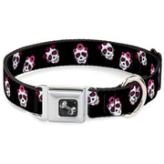 Dog Bone Seatbelt Buckle Collar - Staggered Sugar Skulls Black/Pink/White