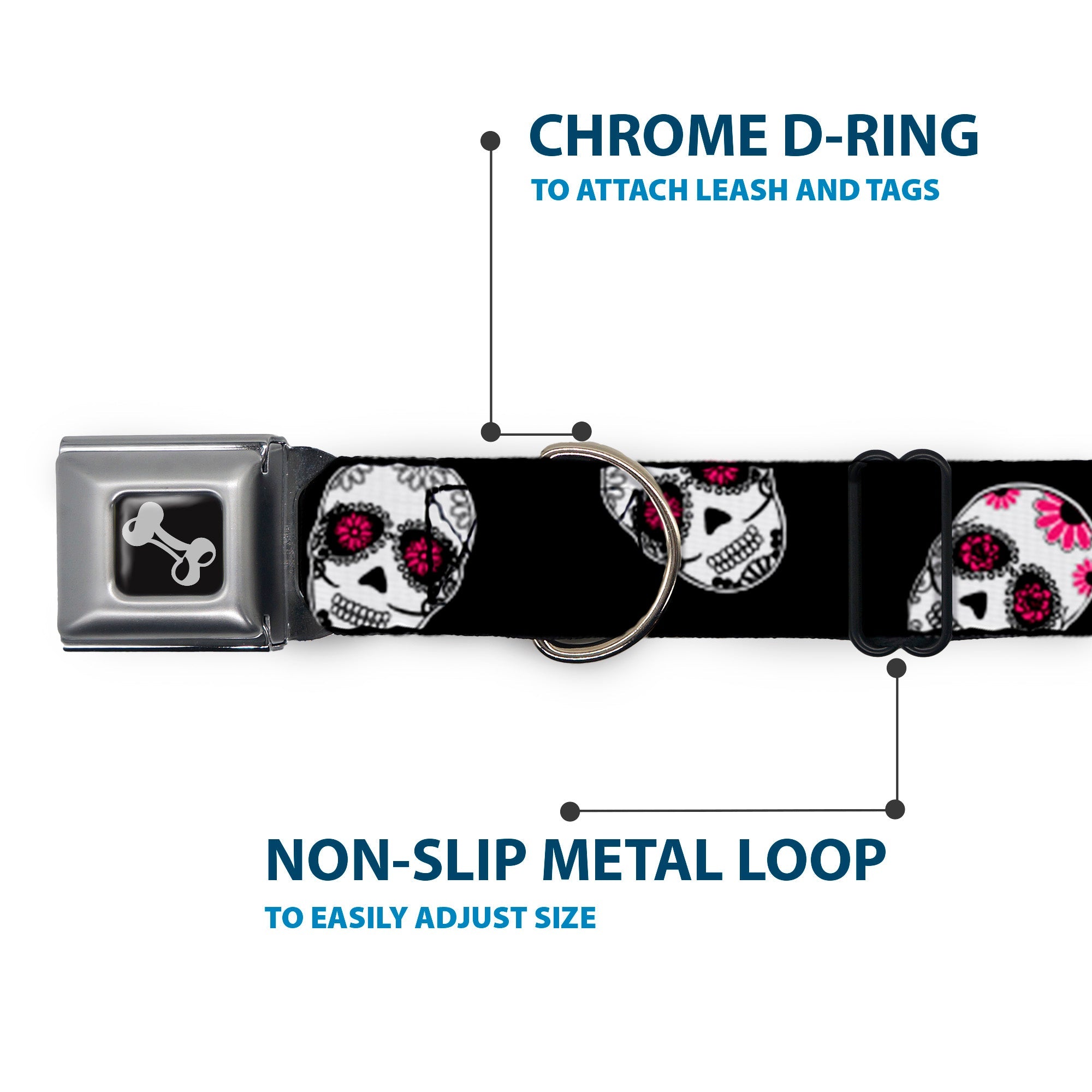 Dog Bone Seatbelt Buckle Collar - Staggered Sugar Skulls Black/White/Pink