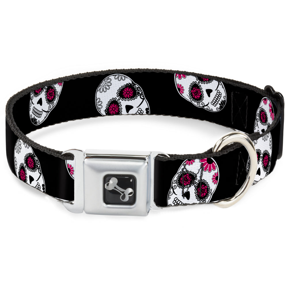 Dog Bone Seatbelt Buckle Collar - Staggered Sugar Skulls Black/White/Pink