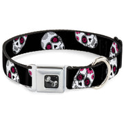 Dog Bone Seatbelt Buckle Collar - Staggered Sugar Skulls Black/White/Pink