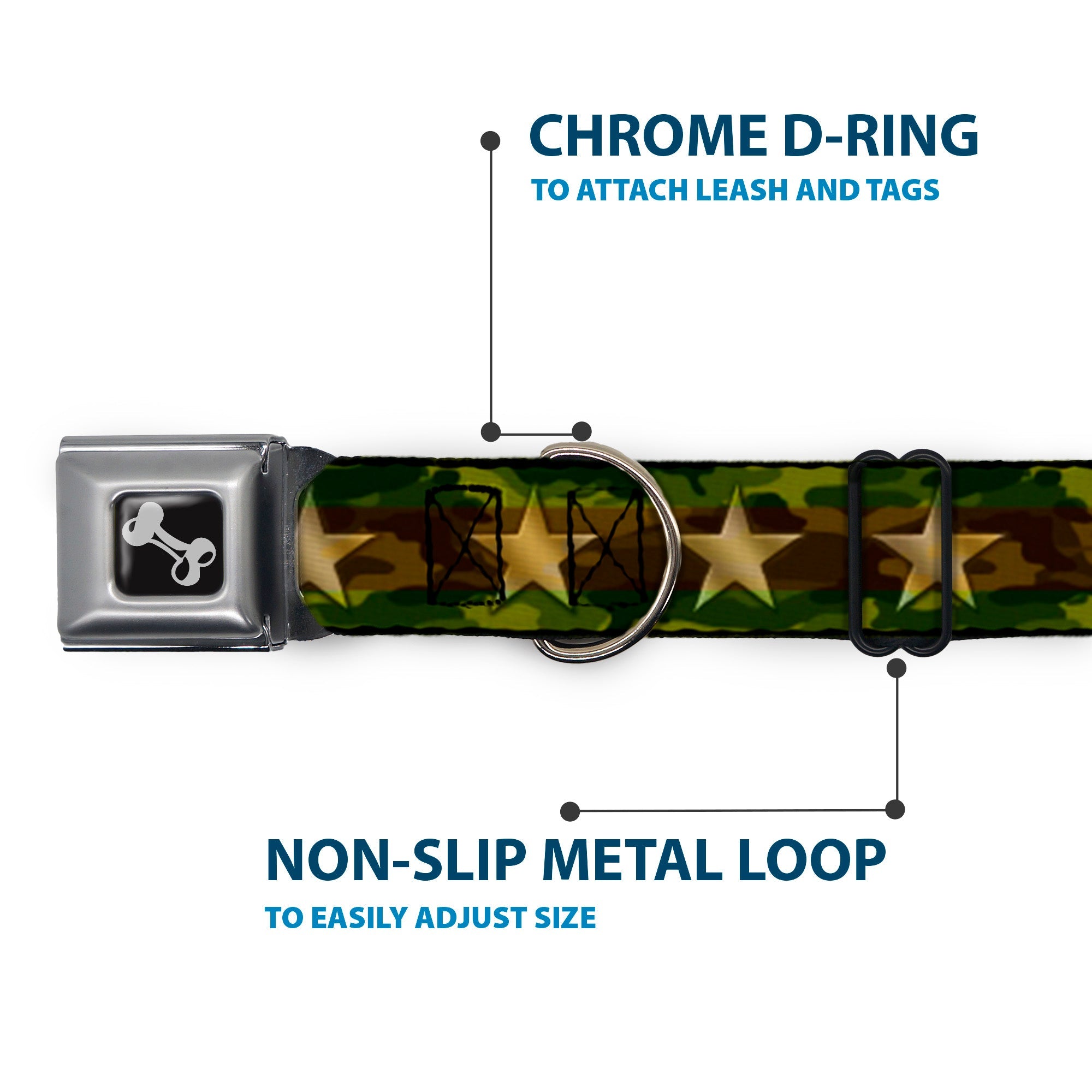 Dog Bone Seatbelt Buckle Collar - Star Camo Olive/Gold