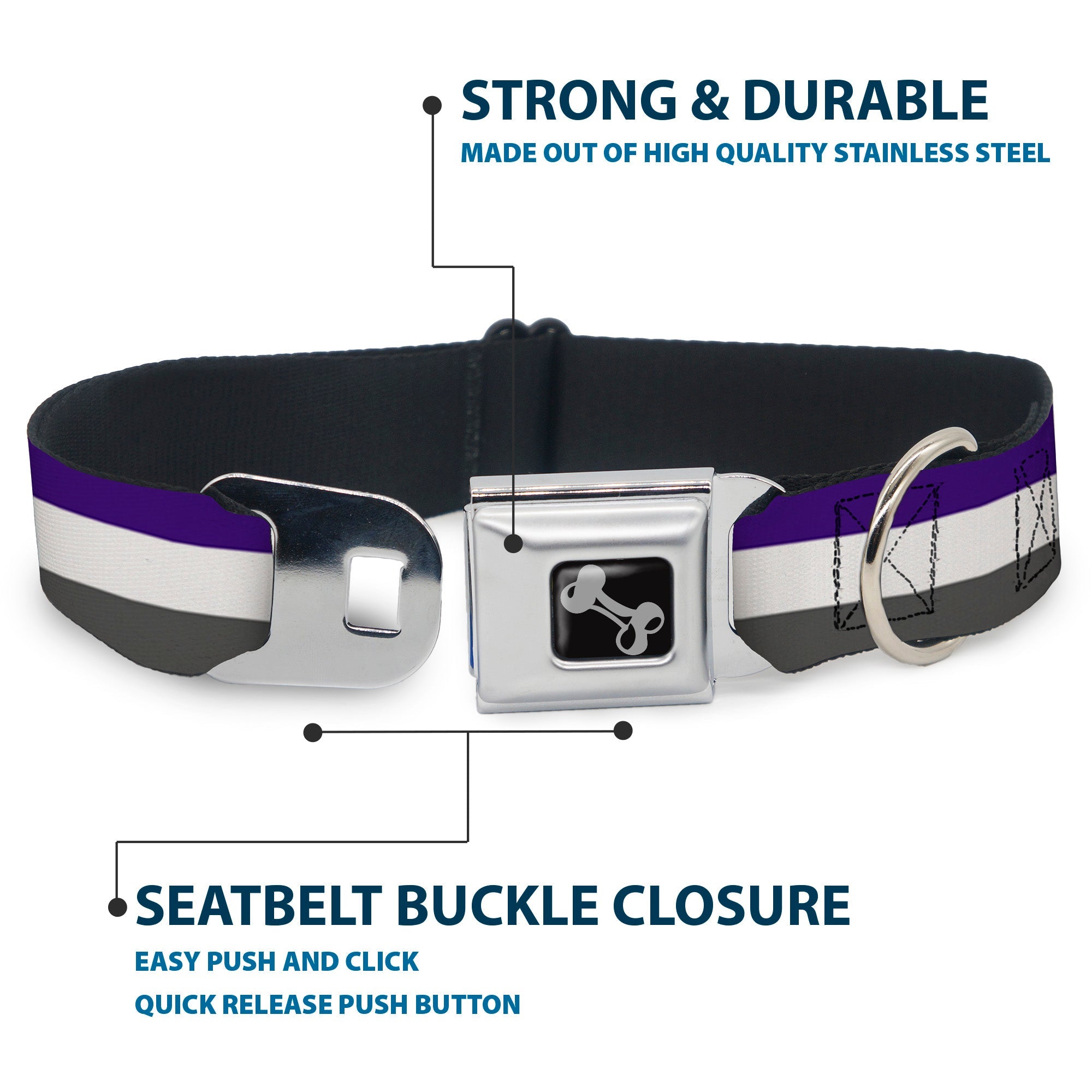 Dog Bone Black/Silver Seatbelt Buckle Collar - Stripes Purple/White/Gray