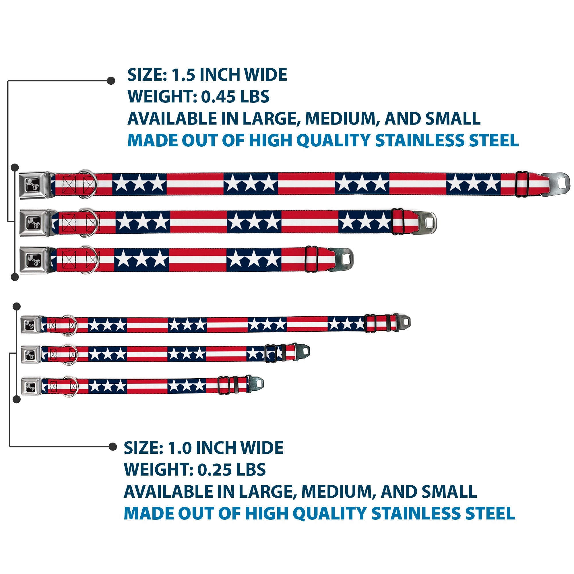 Dog Bone Seatbelt Buckle Collar - Stars & Stripes Blue/White/Red/White