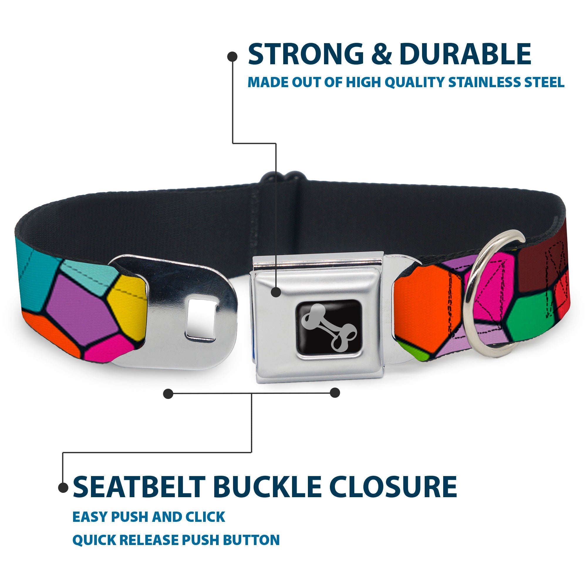 Dog Bone Seatbelt Buckle Collar - Stained Glass Mosaic2 Multi Color/Navy