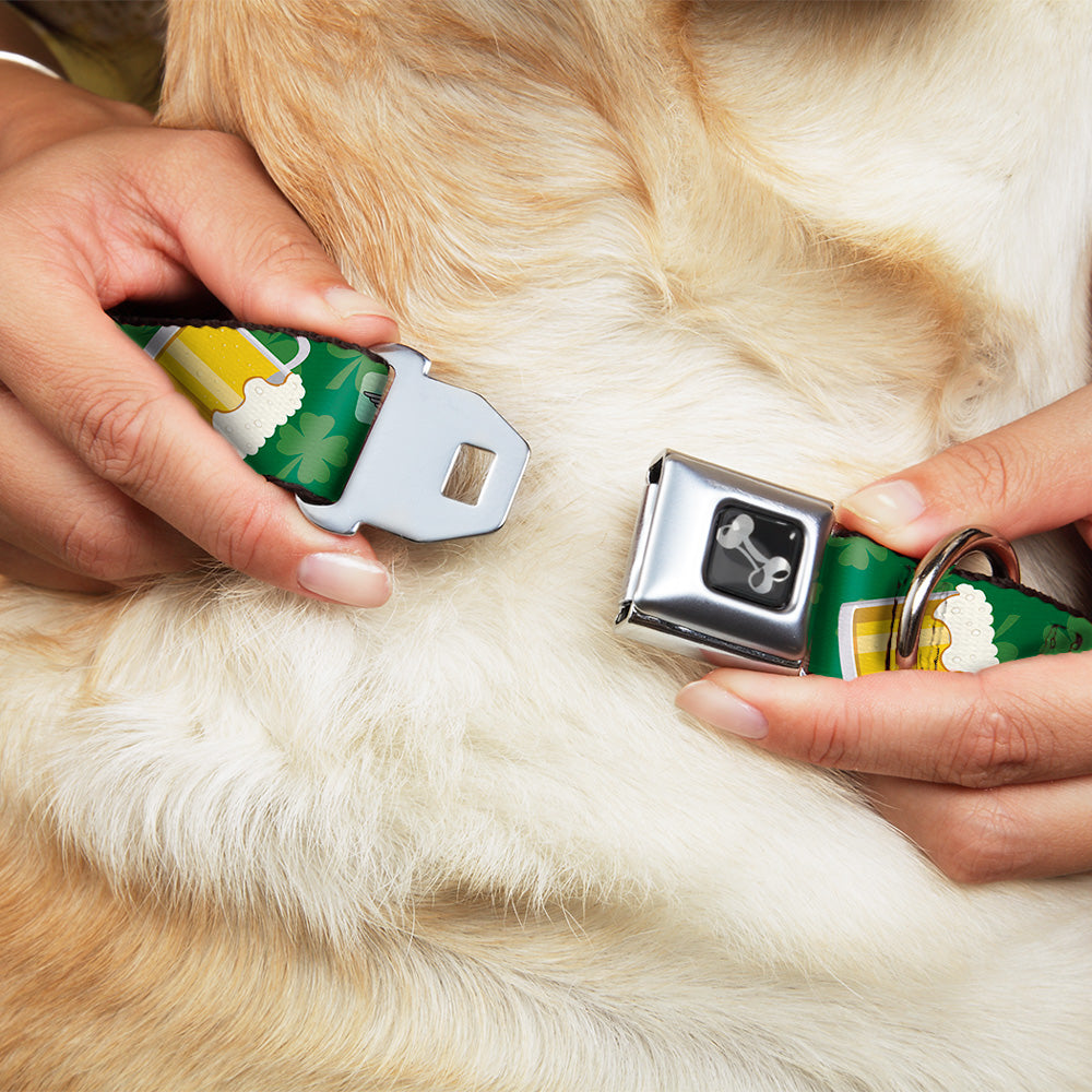 Dog Bone Seatbelt Buckle Collar - St. Pat's Clovers/Beer Mugs Greens