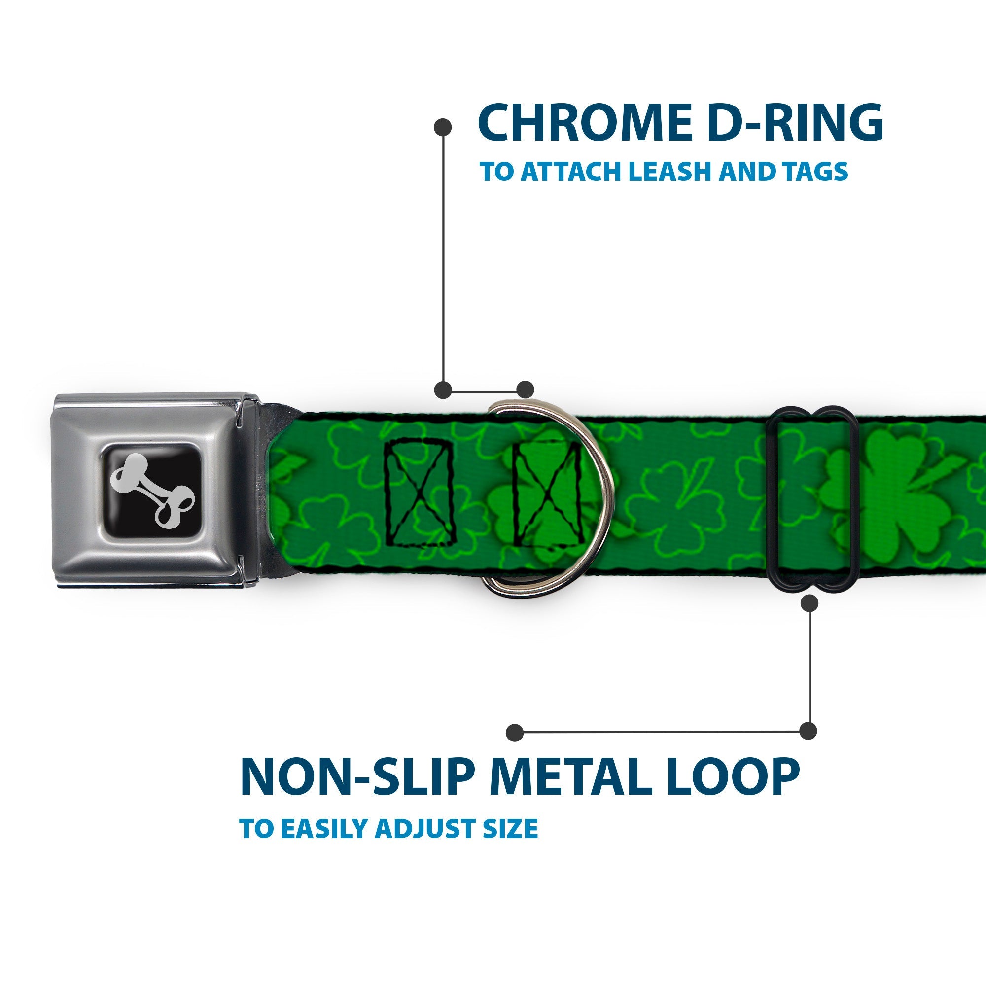 Dog Bone Seatbelt Buckle Collar - St. Pat's Clovers Scattered2 Outline/Solid Greens
