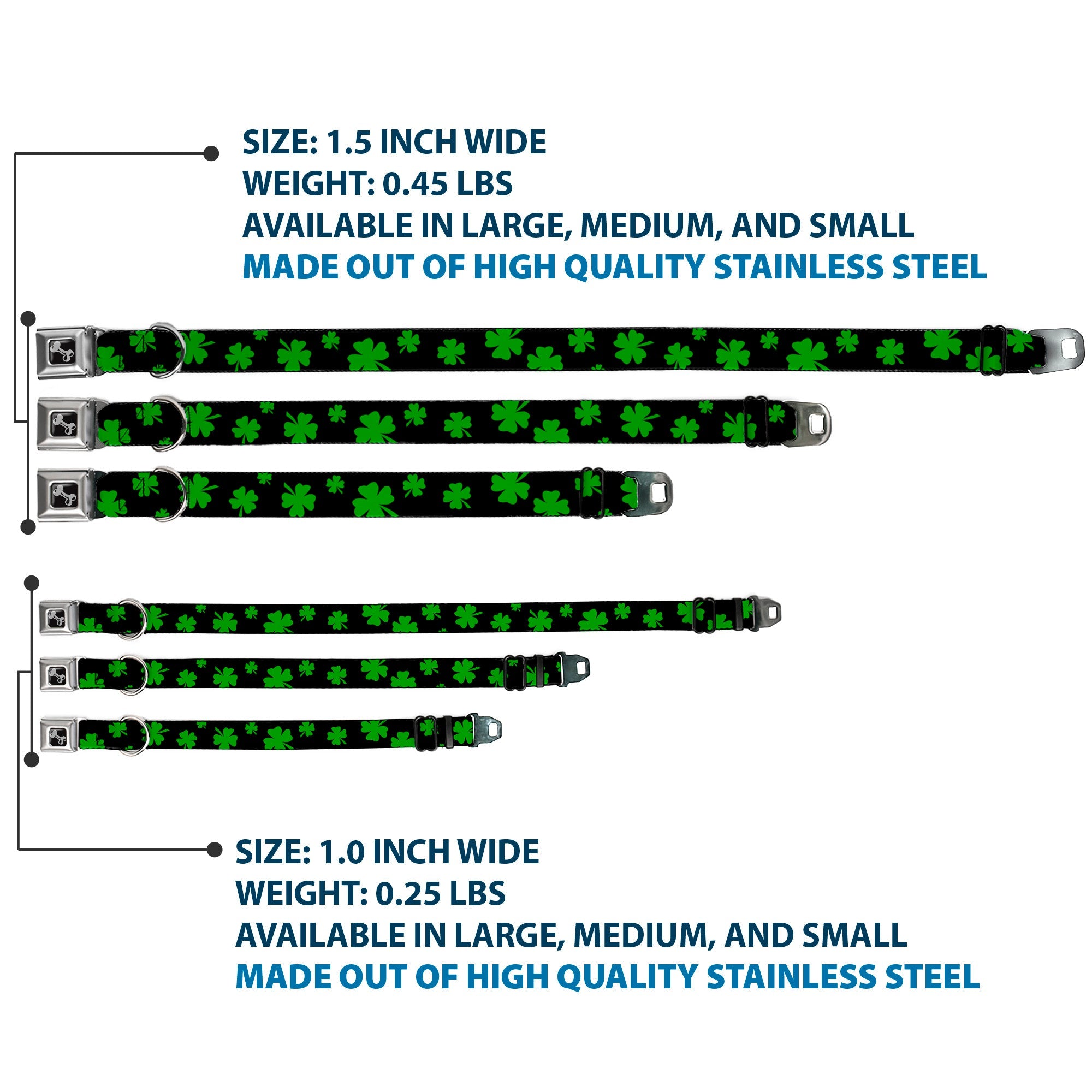 Dog Bone Seatbelt Buckle Collar - St. Pat's Clovers Scattered2 Black/Green