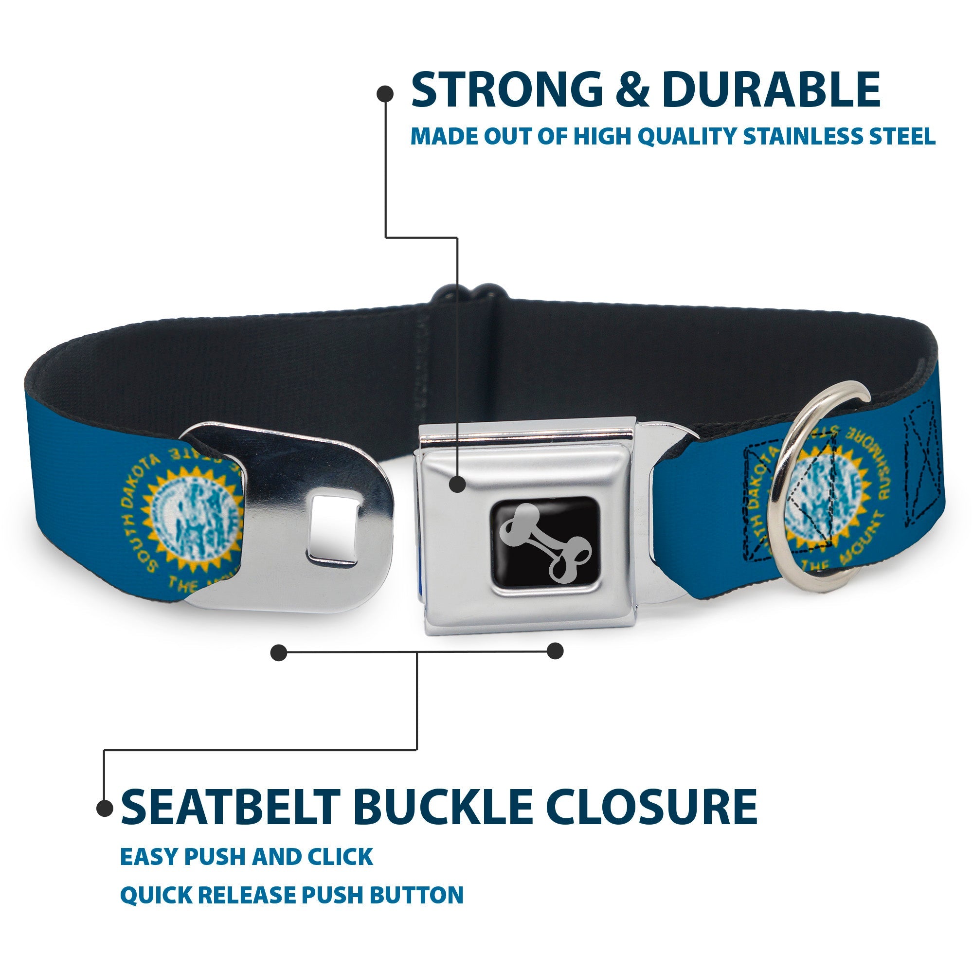 Dog Bone Seatbelt Buckle Collar - South Dakota Flags