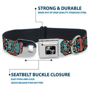 Dog Bone Seatbelt Buckle Collar - Totem Carvings Black/White/Orange/Turquoise