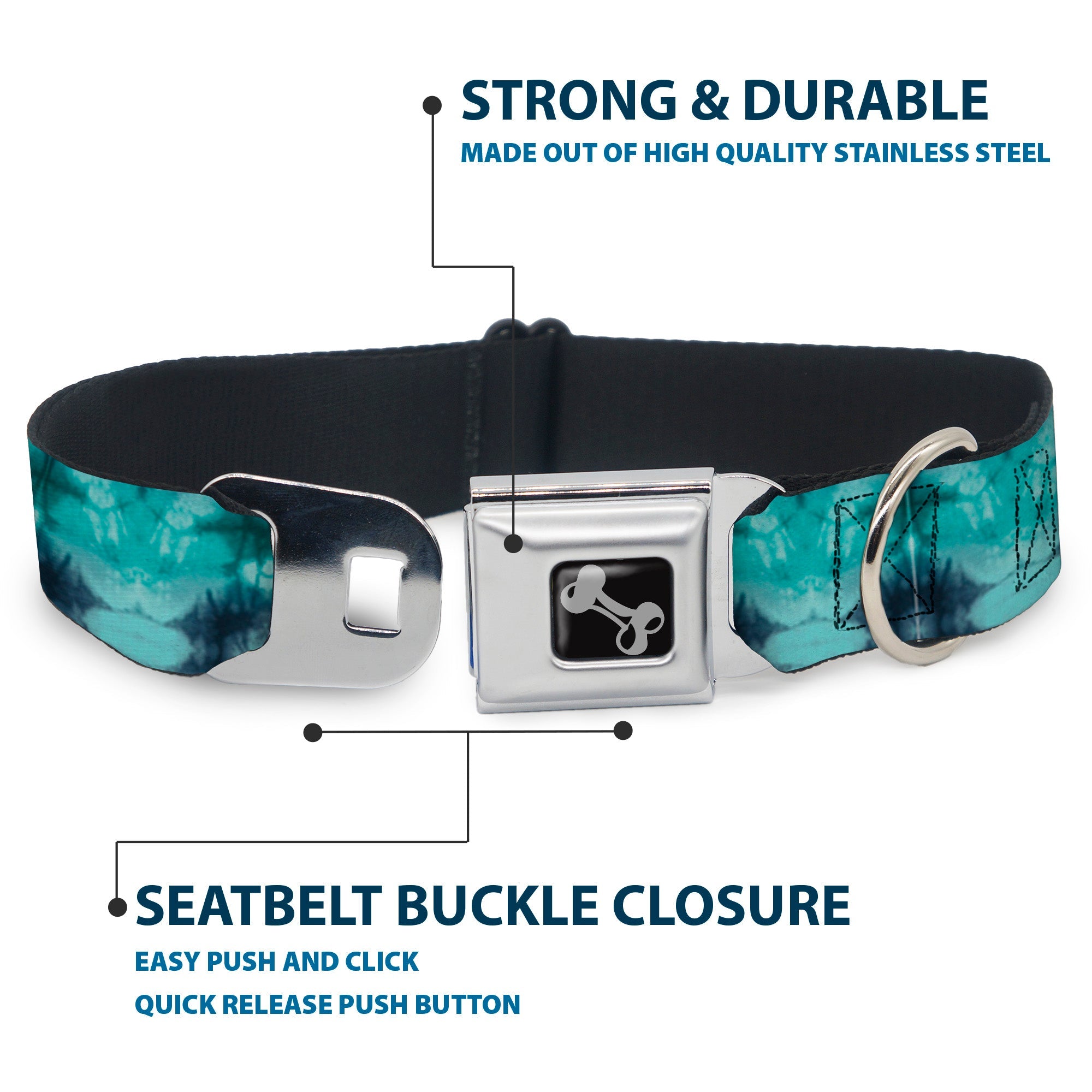 Dog Bone Seatbelt Buckle Collar - Tie Dye Reflection Turquoise Blues