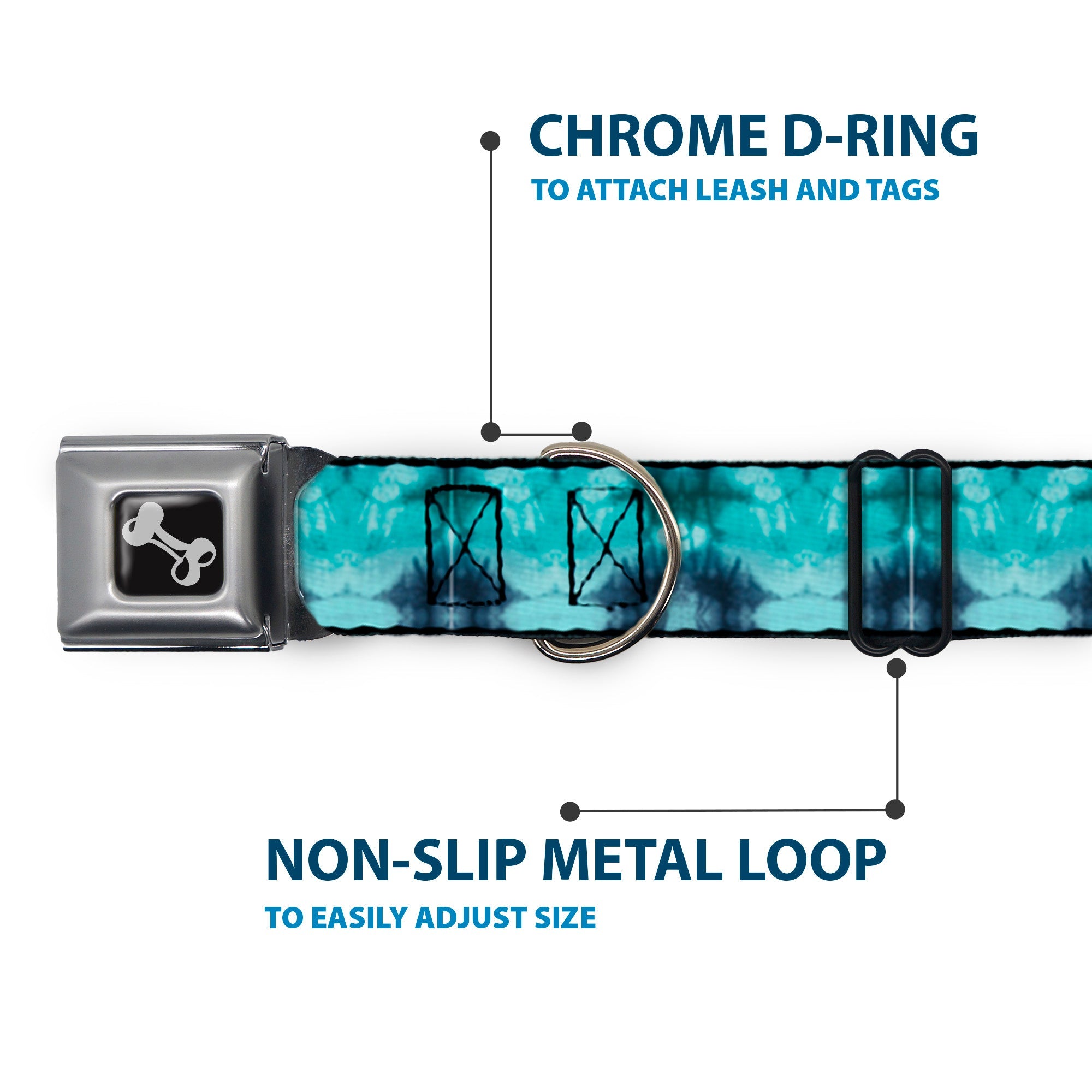 Dog Bone Seatbelt Buckle Collar - Tie Dye Reflection Turquoise Blues