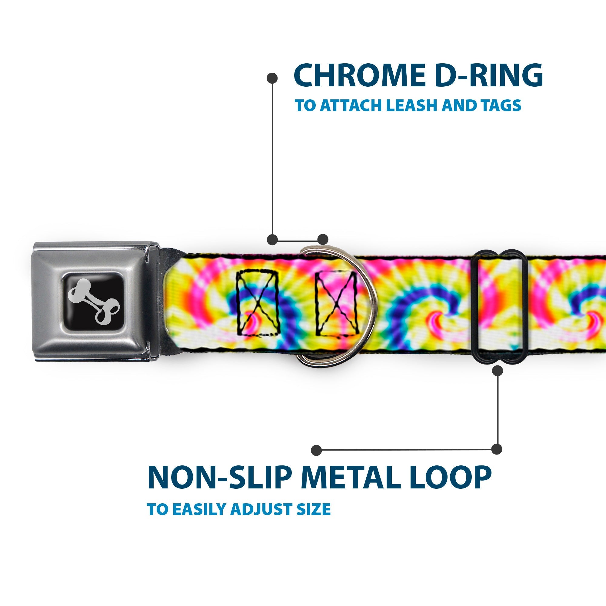 Dog Bone Seatbelt Buckle Collar - Tie Dye Swirl Multi Color/White
