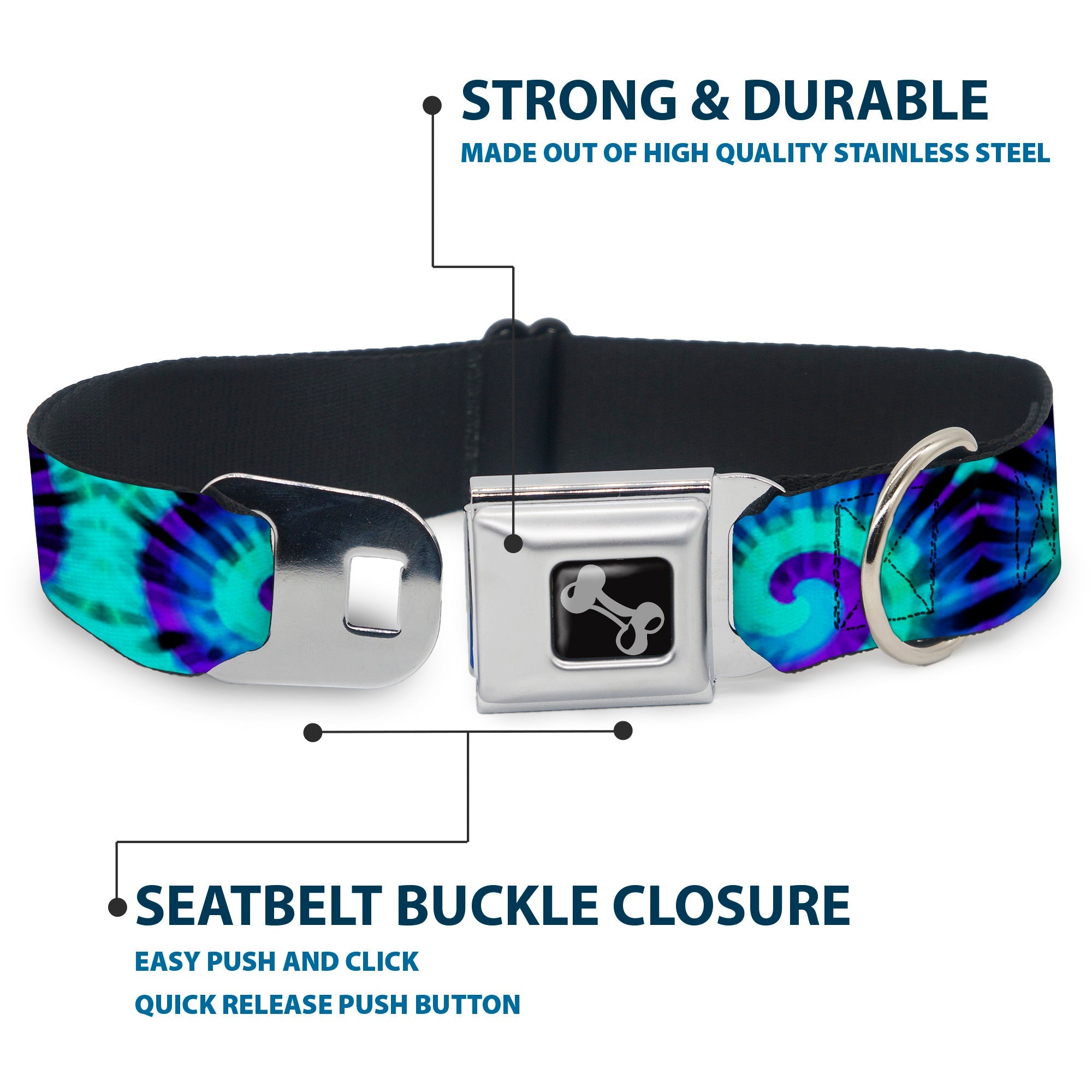 Dog Bone Seatbelt Buckle Collar - Tie Dye Swirl Purples/Blues