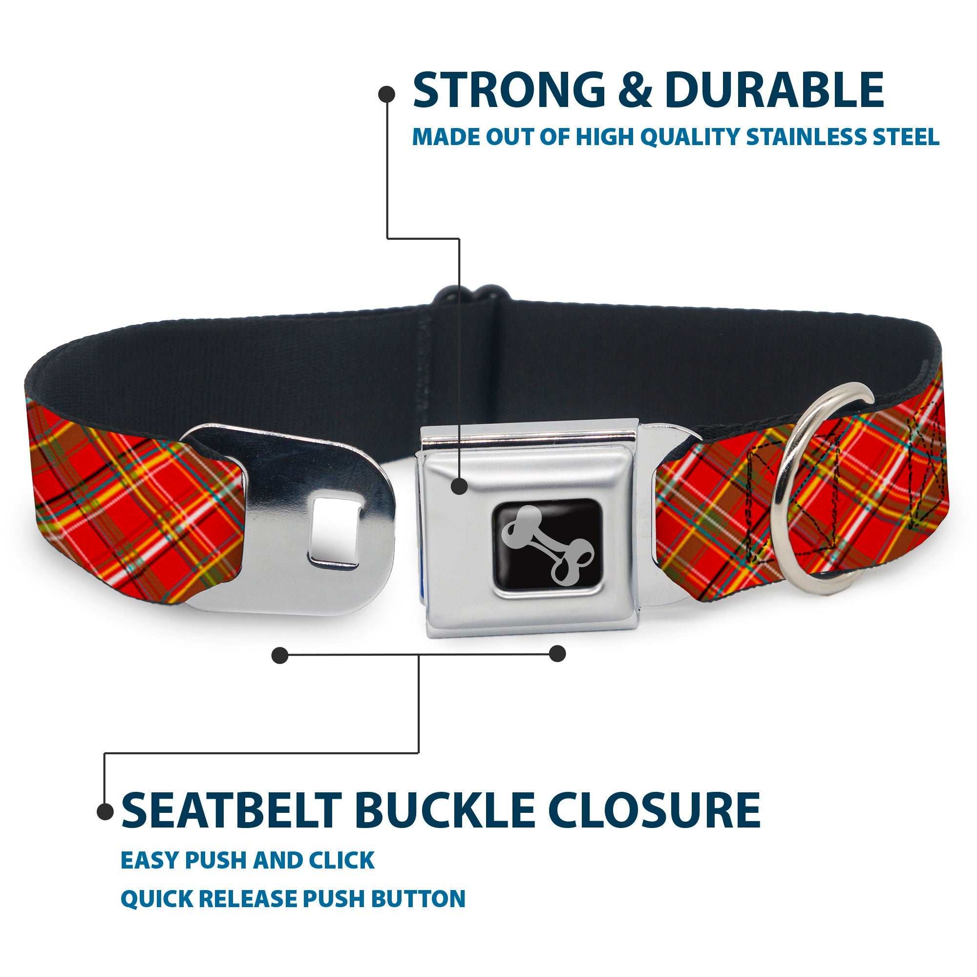 Dog Bone Seatbelt Buckle Collar - Tartan Plaid2 Red/Green/Yellow