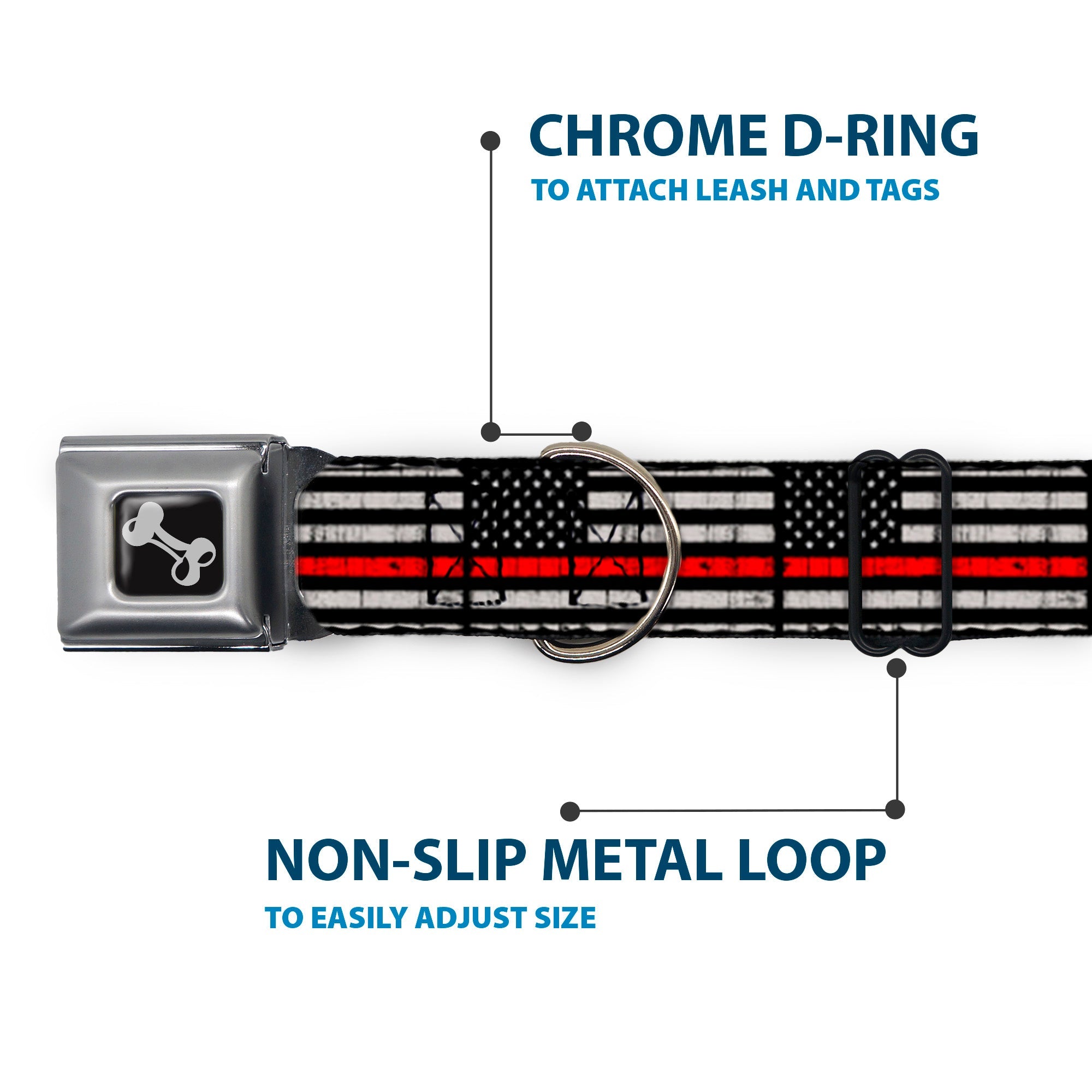 Dog Bone Black/Silver Seatbelt Buckle Collar - Thin Red Line Flag Weathered Black/Gray/Red