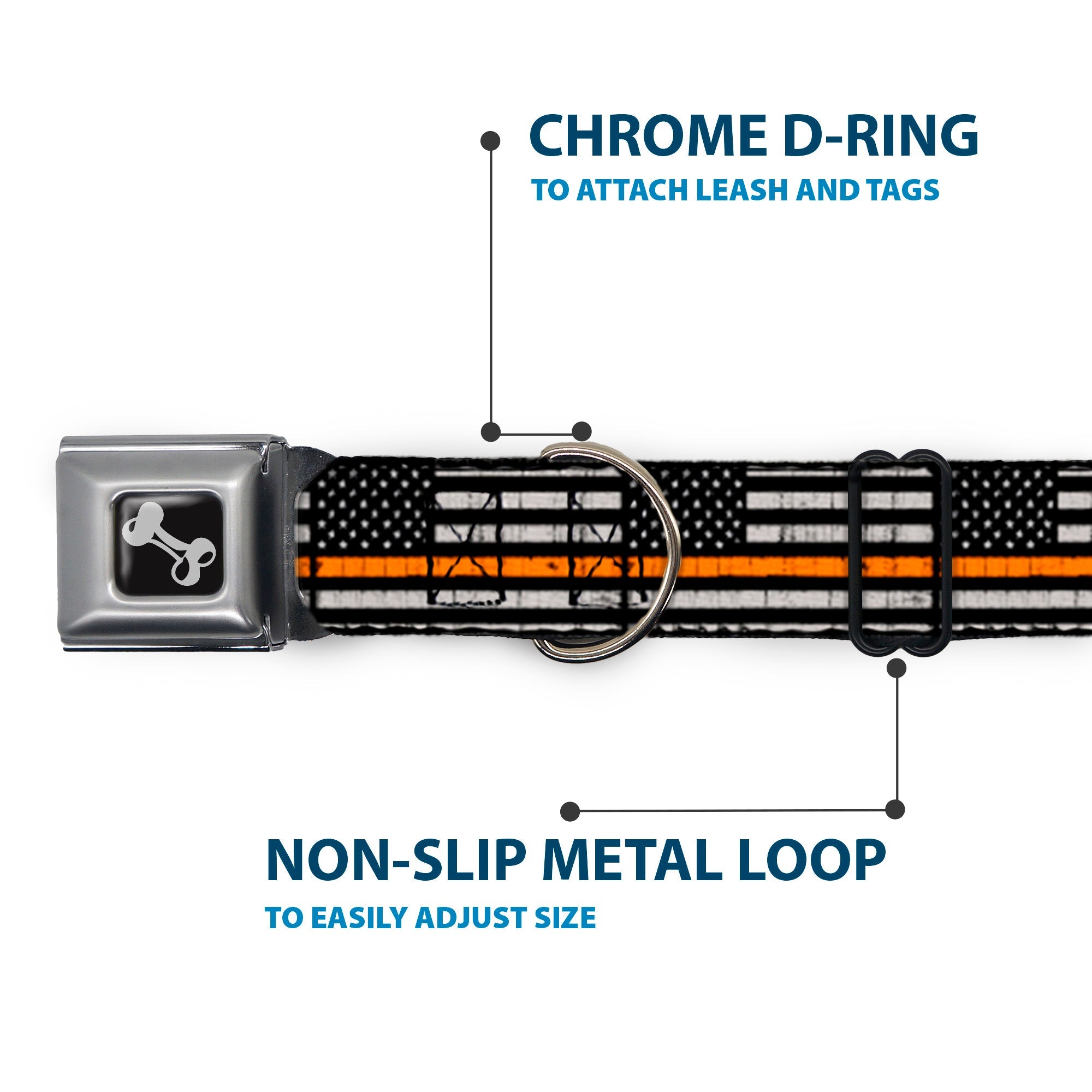 Dog Bone Black/Silver Seatbelt Buckle Collar - Thin Orange Line Flag Weathered Black/Gray/Orange