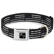 Dog Bone Black/Silver Seatbelt Buckle Collar - Thin Gray Line Flag Weathered Black/Grays