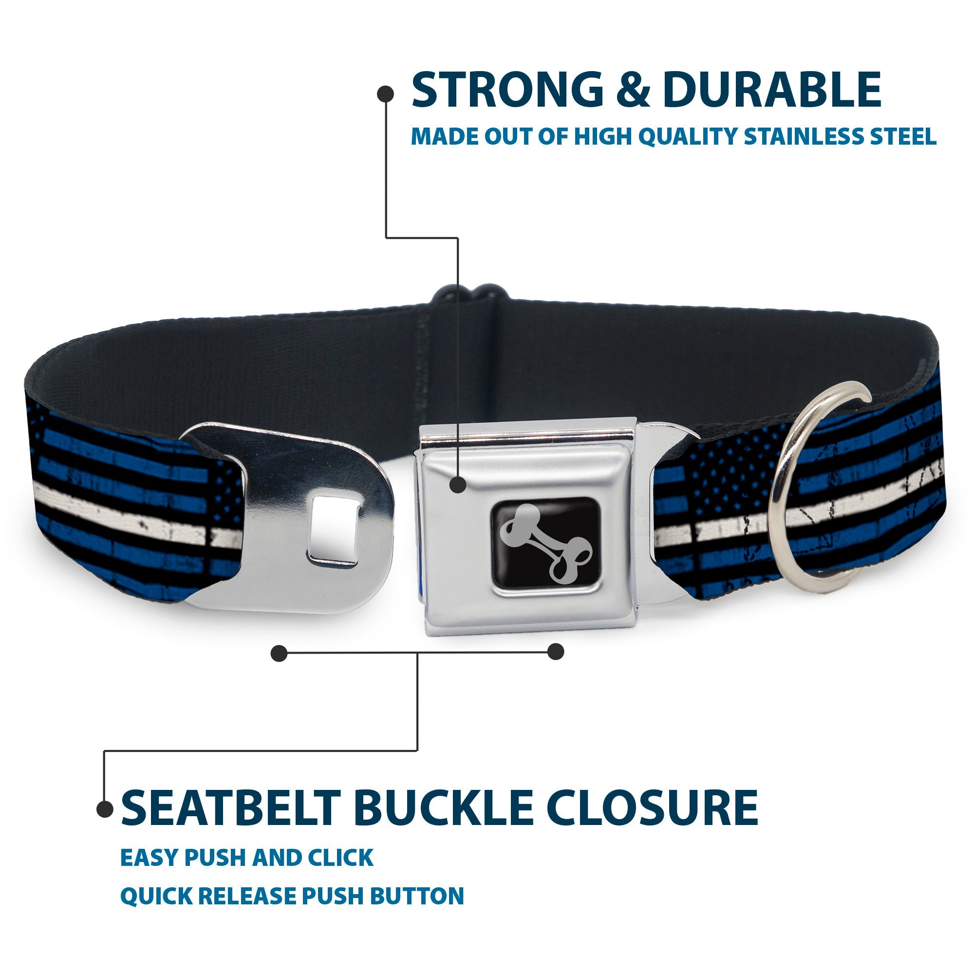 Dog Bone Black/Silver Seatbelt Buckle Collar - Thin White Line Flag Weathered Black/Blue/White