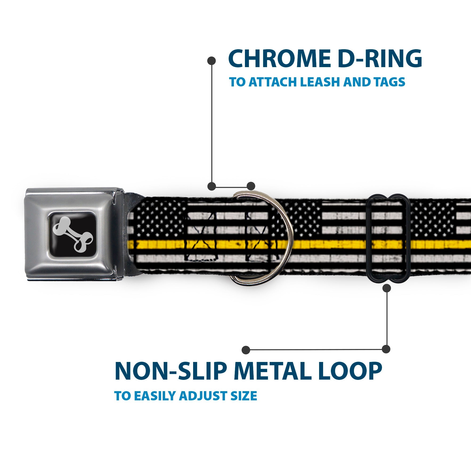 Dog Bone Black/Silver Seatbelt Buckle Collar - Thin Yellow Line Flag Weathered Black/Gray/Yellow
