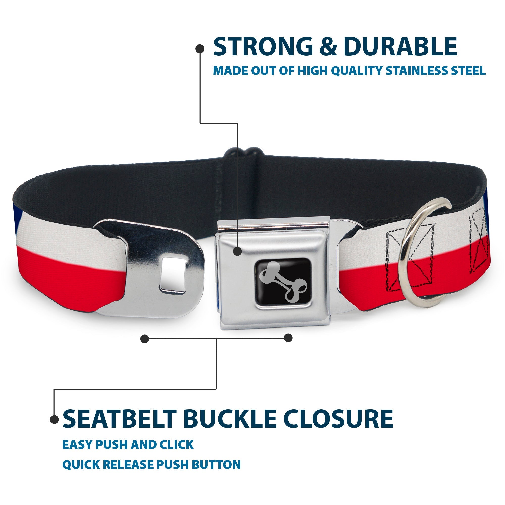 Dog Bone Black/Silver Seatbelt Buckle Collar - Texas Flag Continuous Repeat