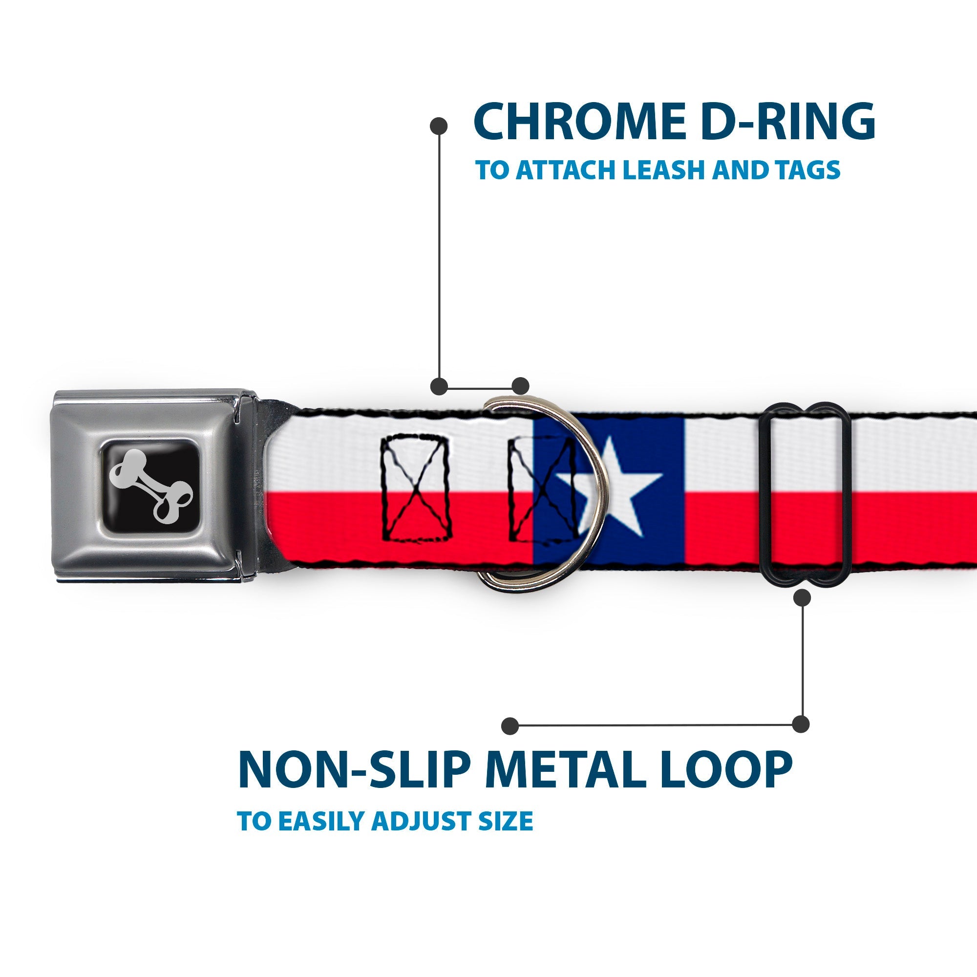 Dog Bone Black/Silver Seatbelt Buckle Collar - Texas Flag Continuous Repeat