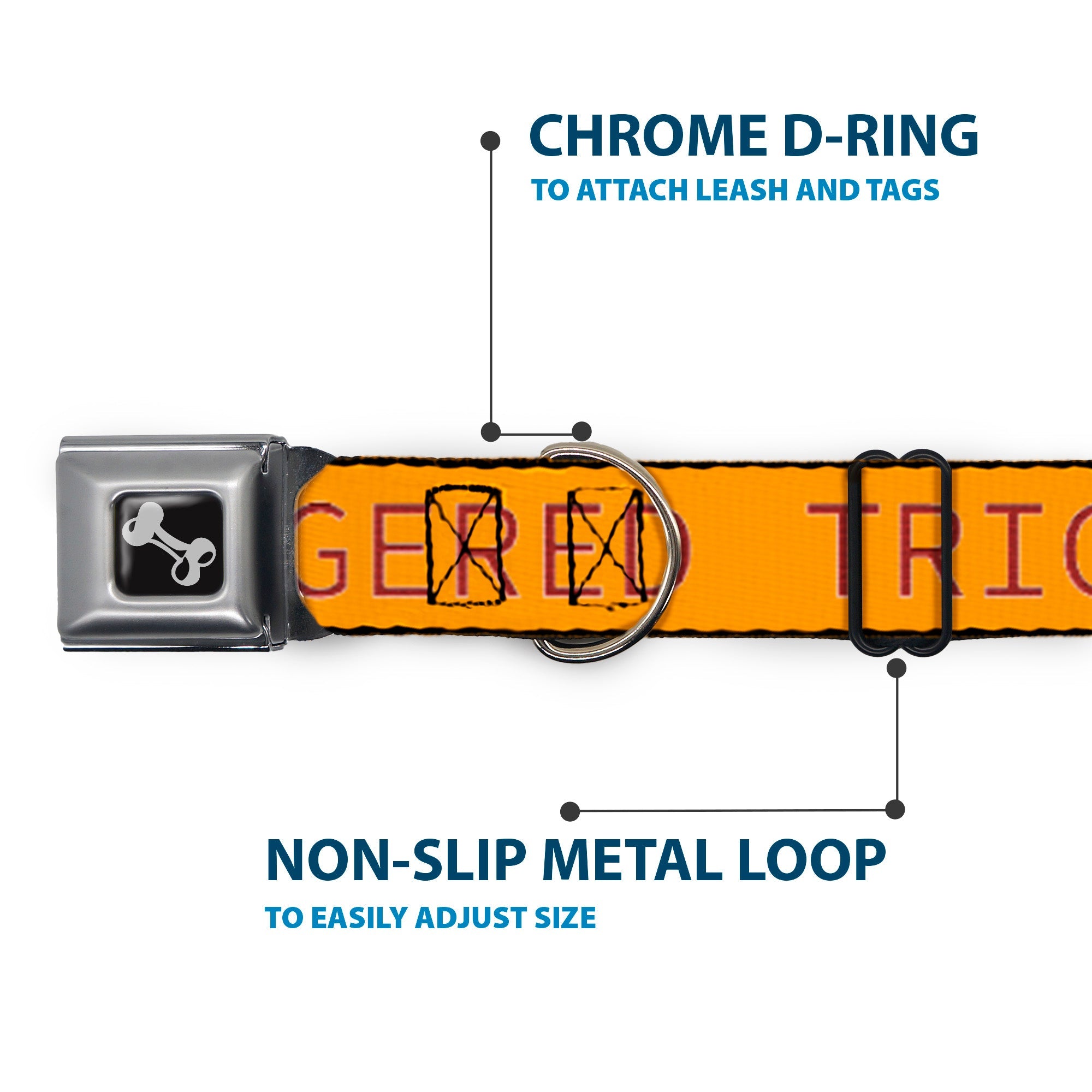 Dog Bone Black/Silver Seatbelt Buckle Collar - TRIGGERED Orange/Burgundy