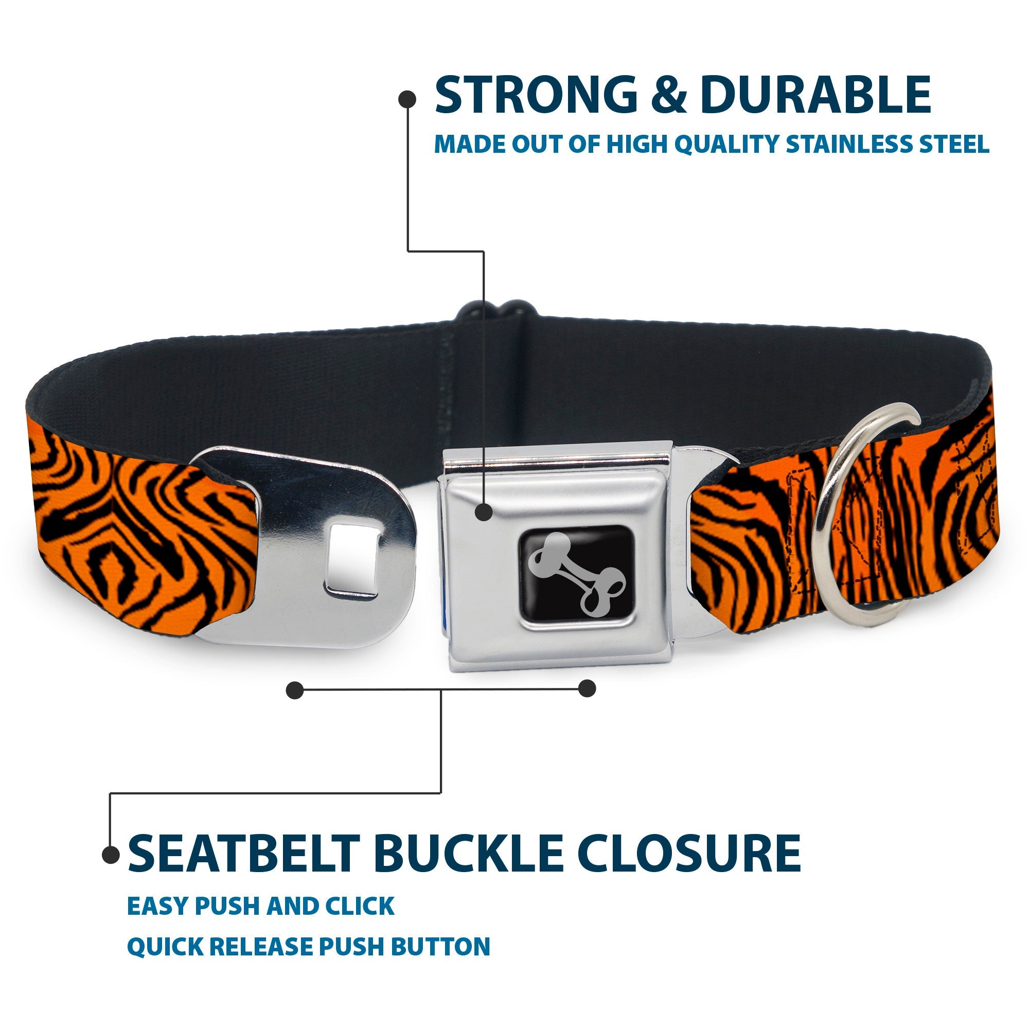 Dog Bone Black/Silver Seatbelt Buckle Collar - Tiger2 Orange/Black
