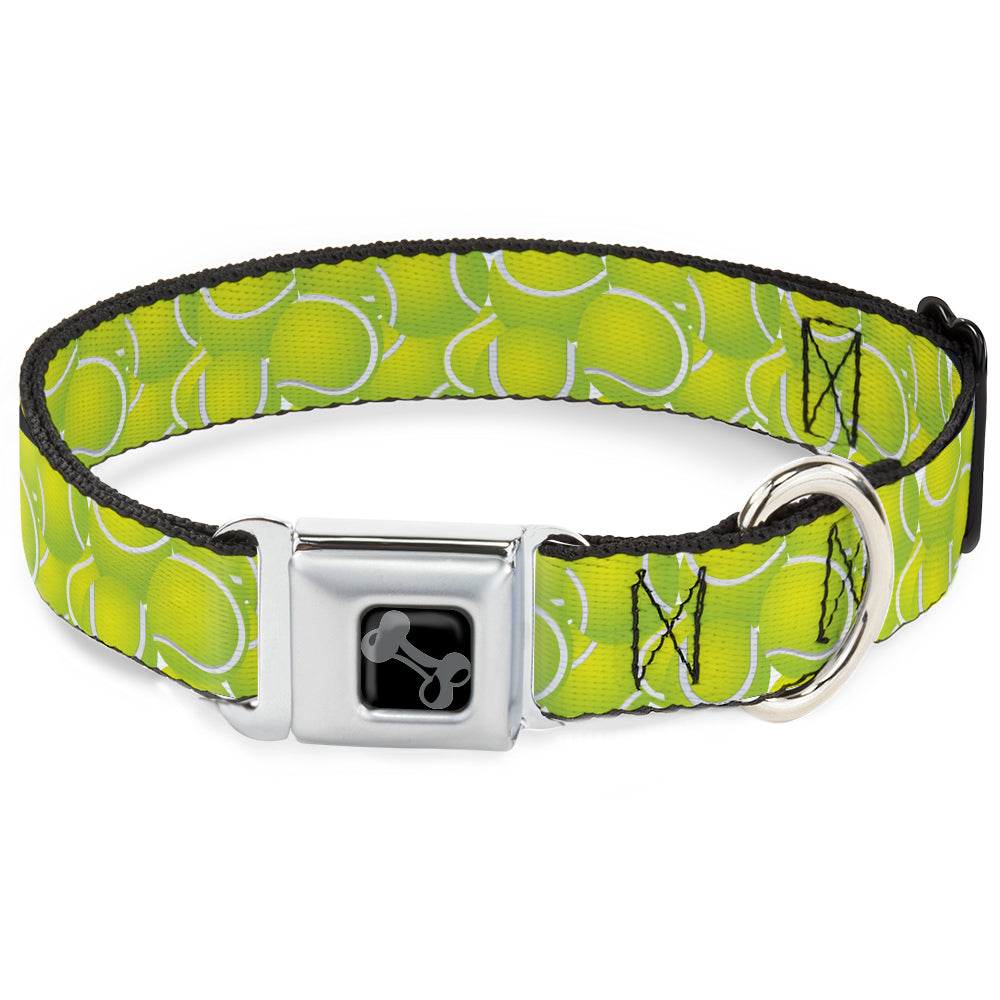 Dog Bone Black/Silver Seatbelt Buckle Collar - Tennis Balls Stacked