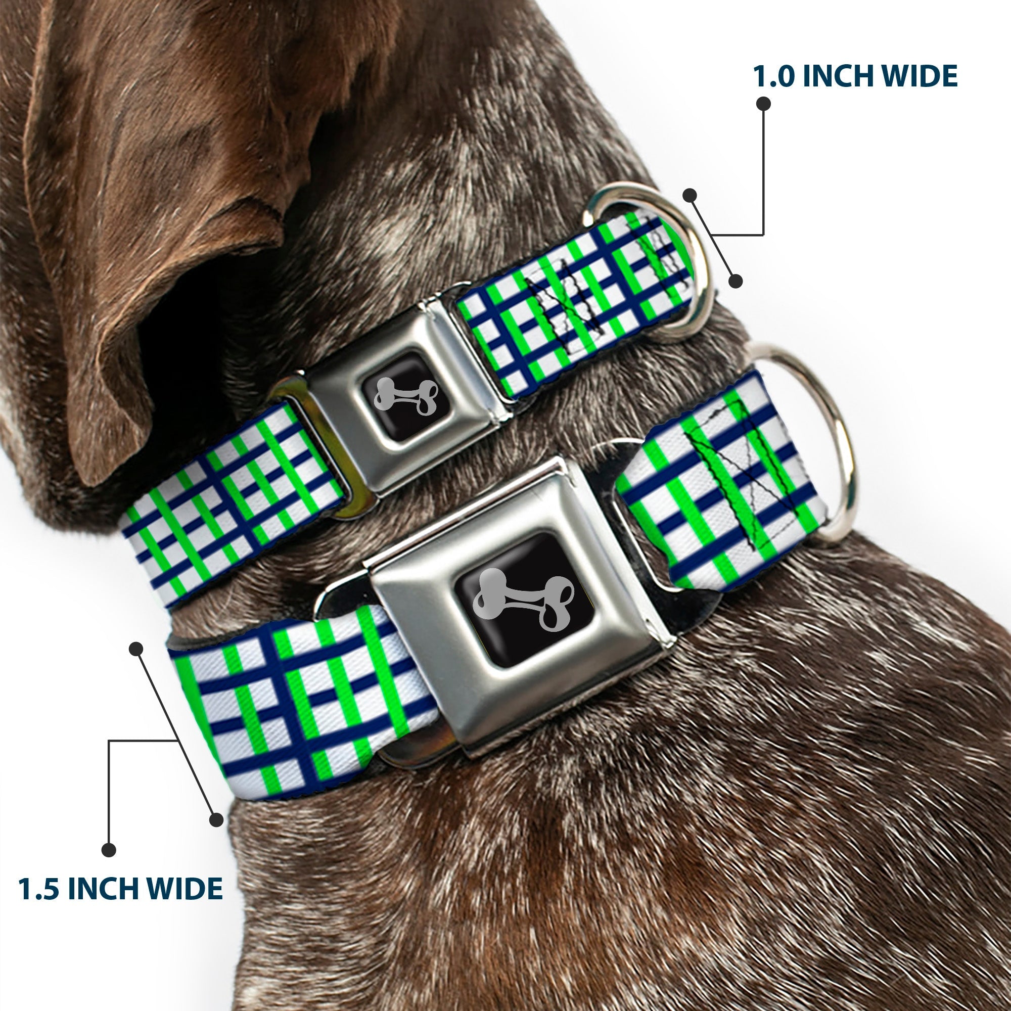 Dog Bone Black/Silver Seatbelt Buckle Collar - Basketweave Plaid White/Navy/Bright Green