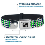 Dog Bone Black/Silver Seatbelt Buckle Collar - Basketweave Plaid White/Navy/Bright Green