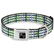 Dog Bone Black/Silver Seatbelt Buckle Collar - Basketweave Plaid White/Navy/Bright Green