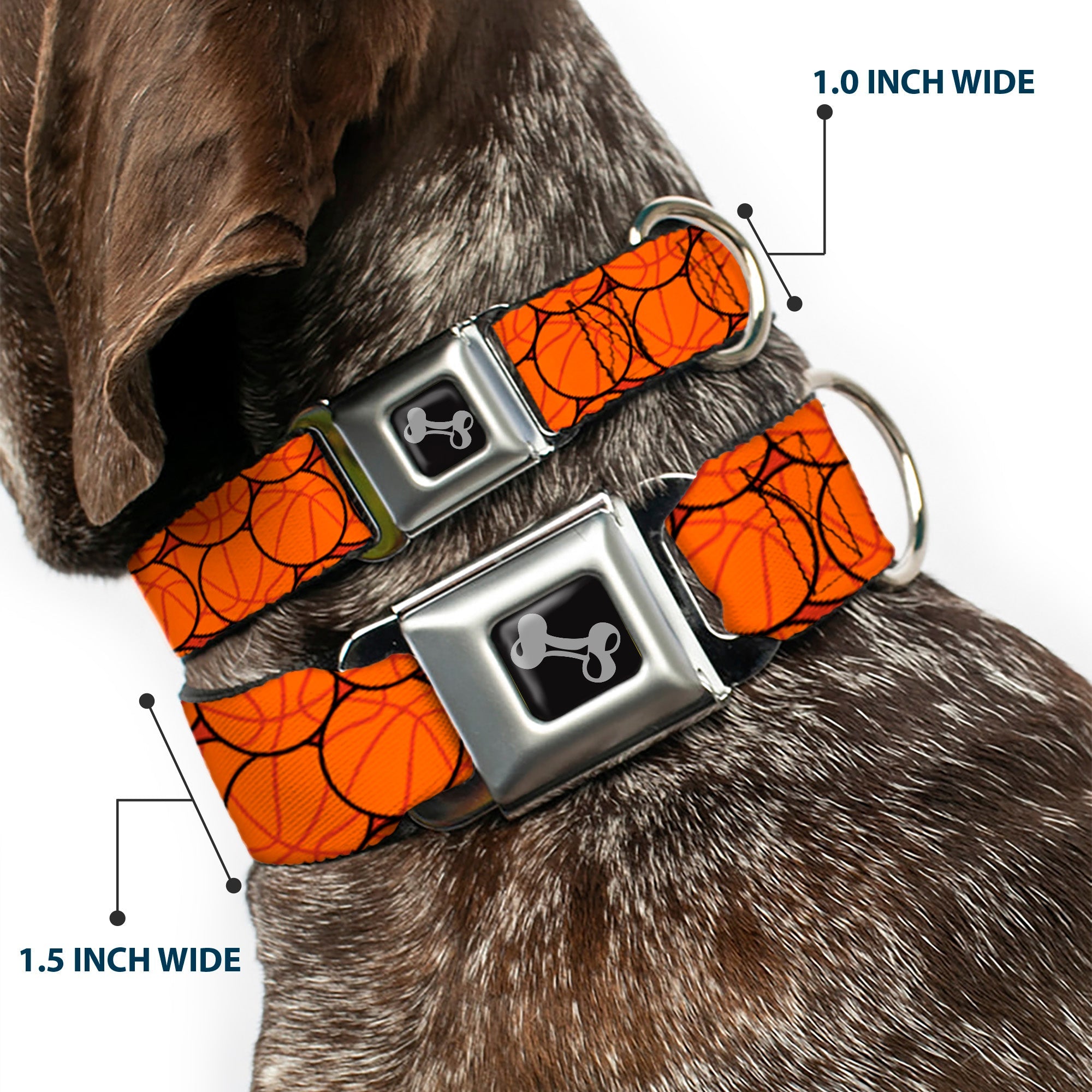 Dog Bone Black/Silver Seatbelt Buckle Collar - Basketballs Stacked