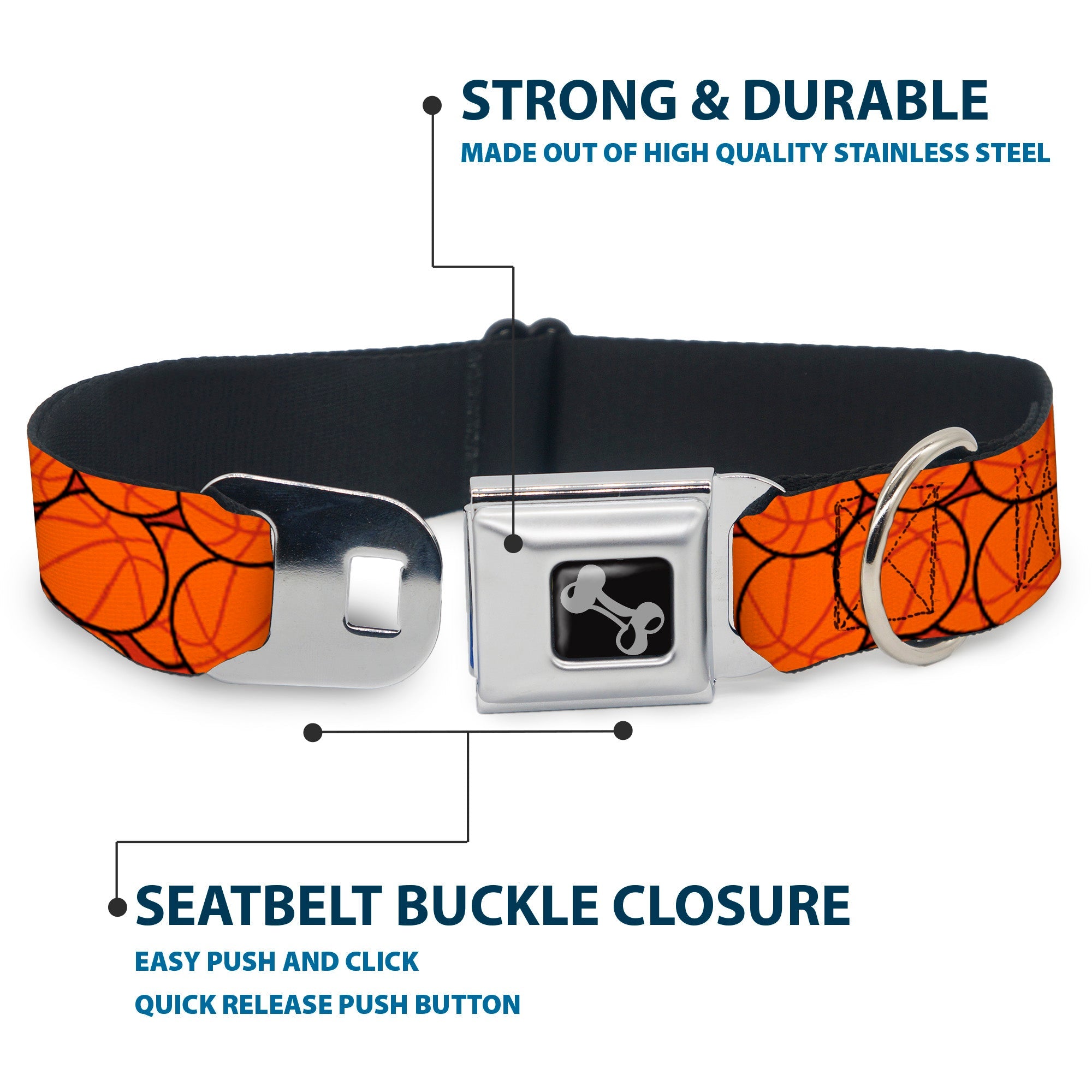 Dog Bone Black/Silver Seatbelt Buckle Collar - Basketballs Stacked