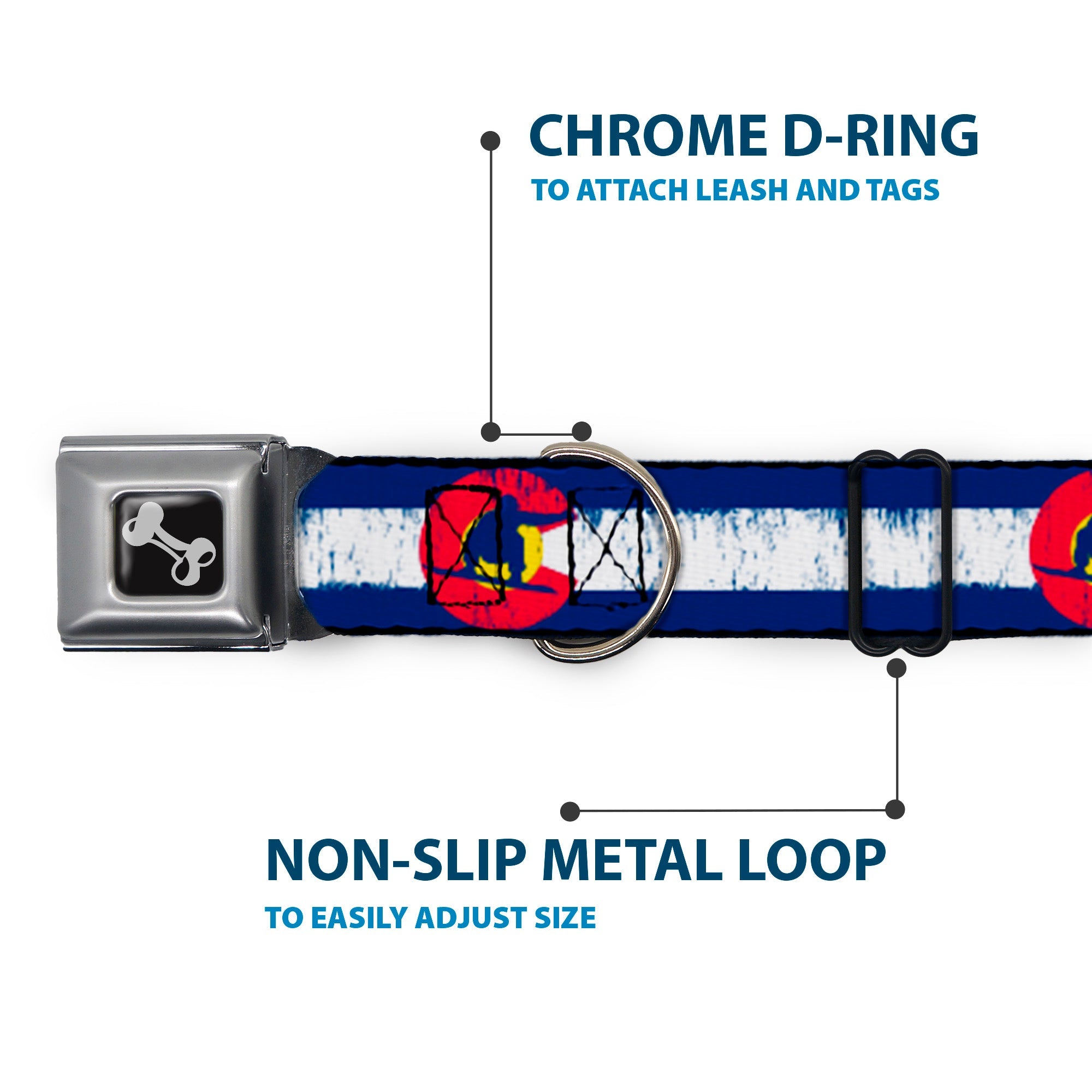 Dog Bone Seatbelt Buckle Collar - Colorado Flag/Snowboarder Weathered
