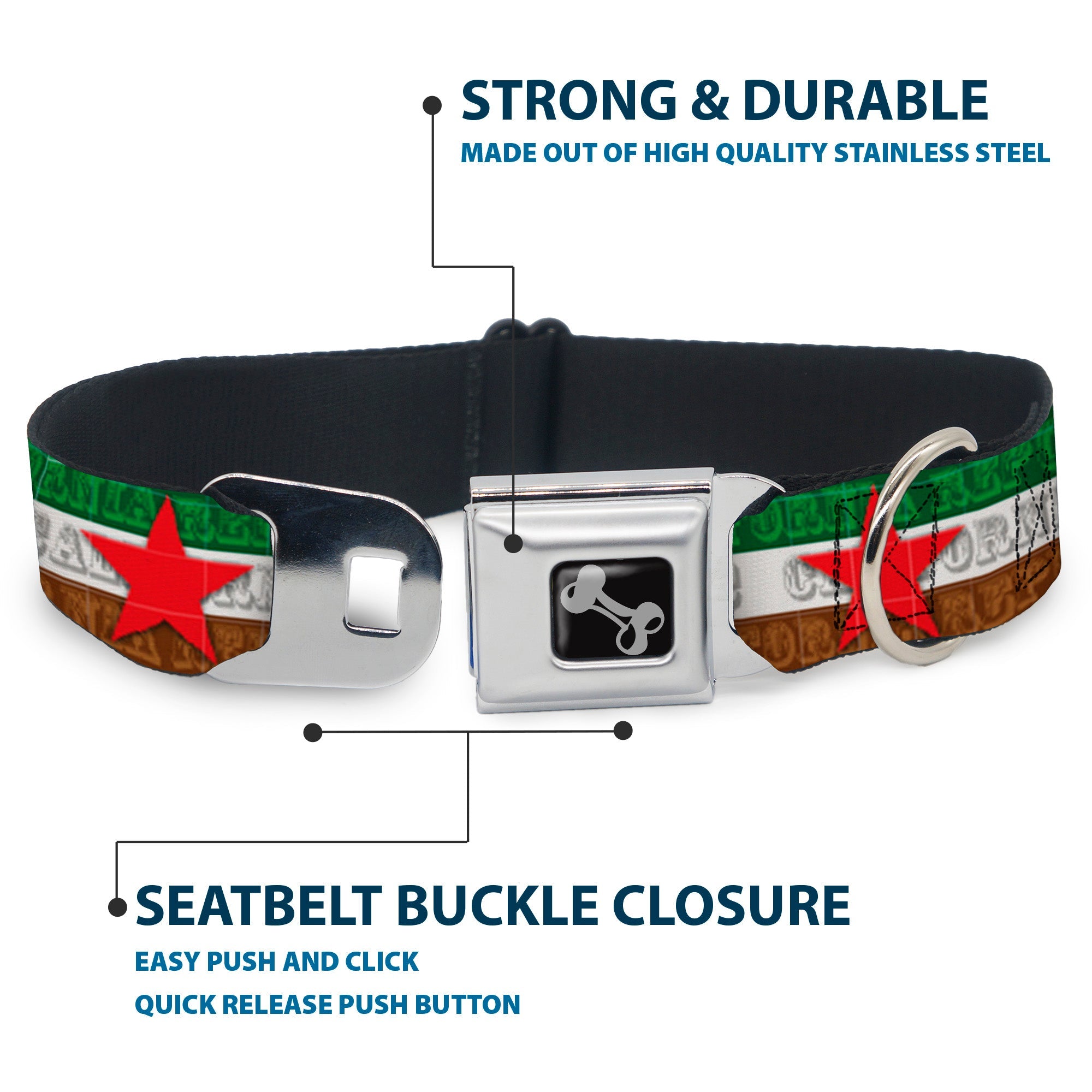 Dog Bone Seatbelt Buckle Collar - Cali Bear Silhouette & Star/CALIFORNIA REPUBLIC Green/White/Brown/Black/Red