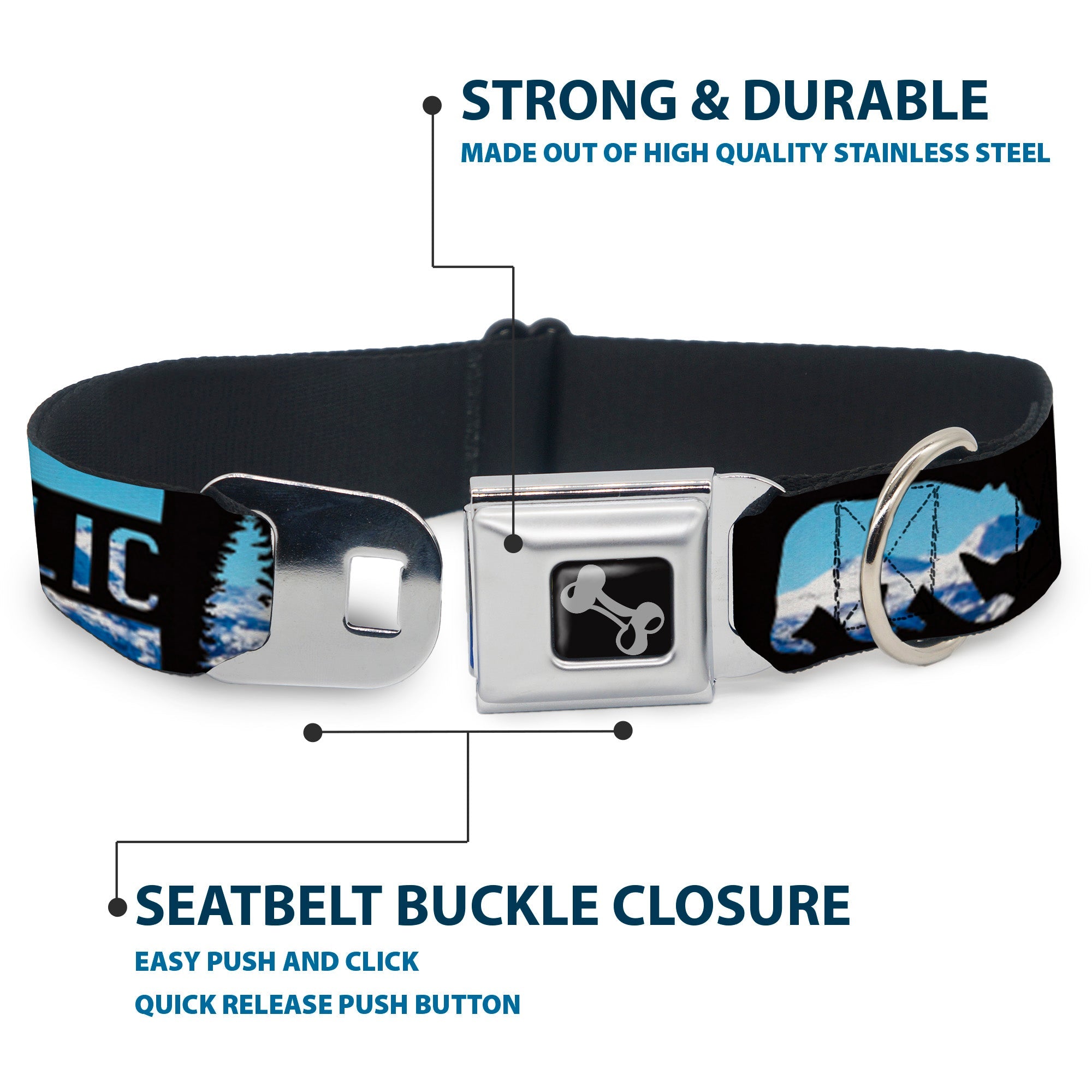 Dog Bone Seatbelt Buckle Collar - CALIFORNIA REPUBLIC/Bear/Stars Silhouette Black/Scenic Mountains