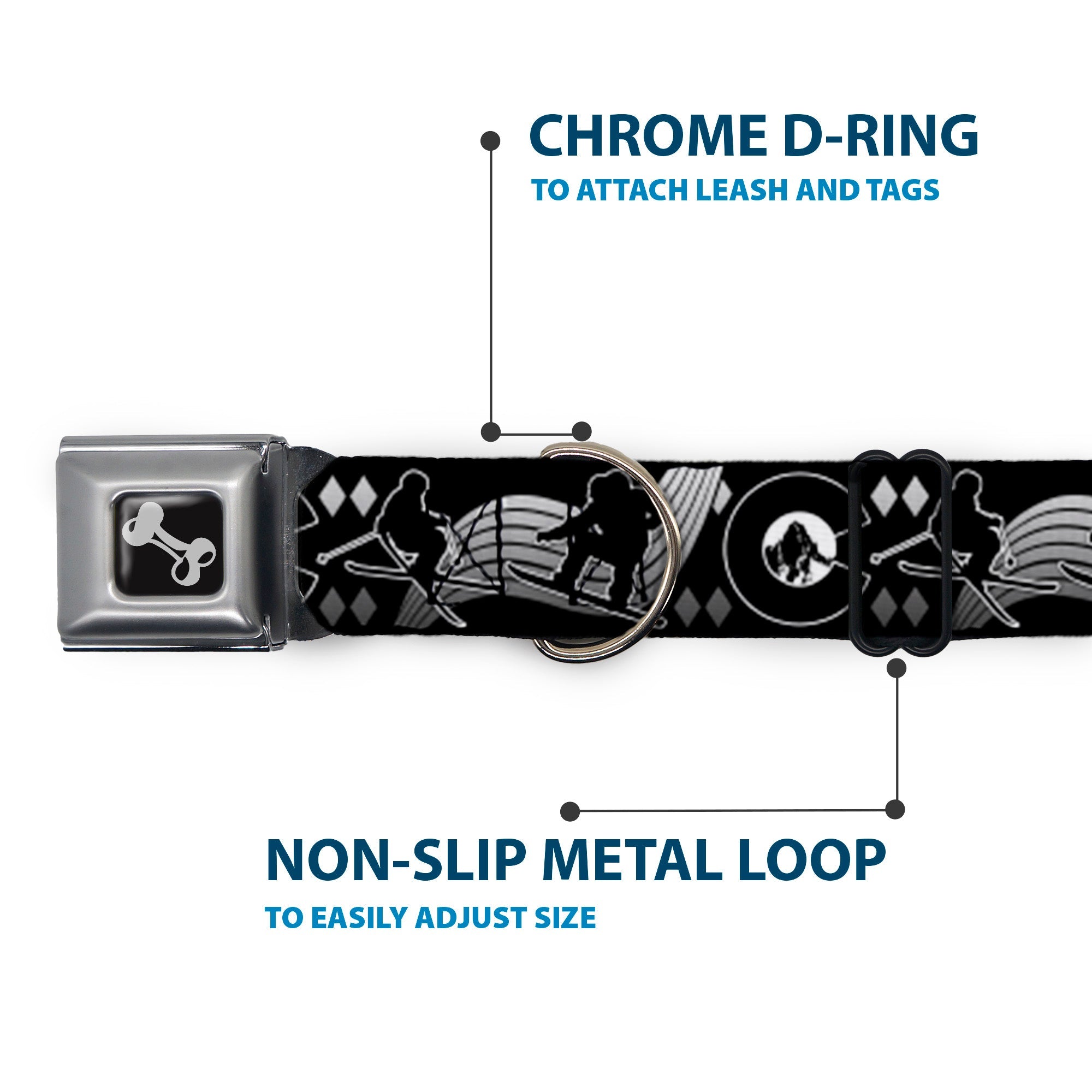 Dog Bone Seatbelt Buckle Collar - Colorado Skier/Snowboarder Black/White/Grays