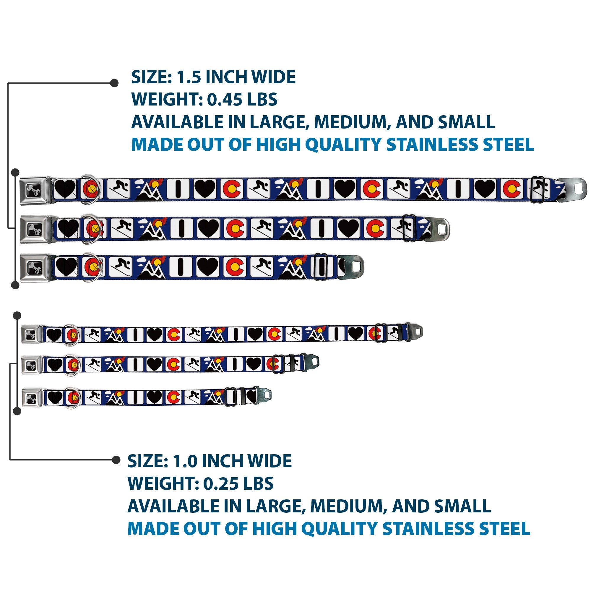 Dog Bone Seatbelt Buckle Collar - I HEART COLORADO SKIING Logos/Mountain