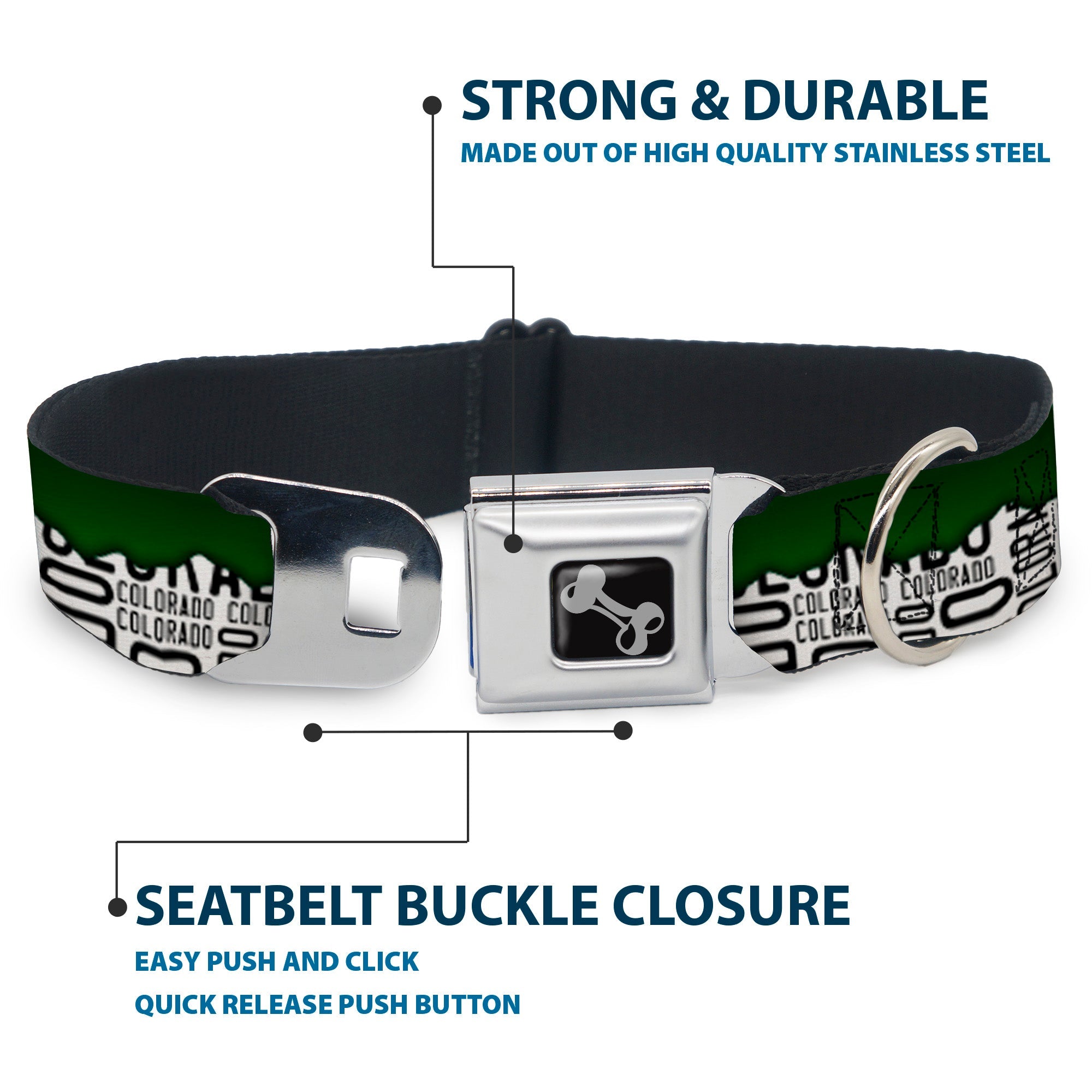 Dog Bone Seatbelt Buckle Collar - Colorado Mountains Green/White/Black Text