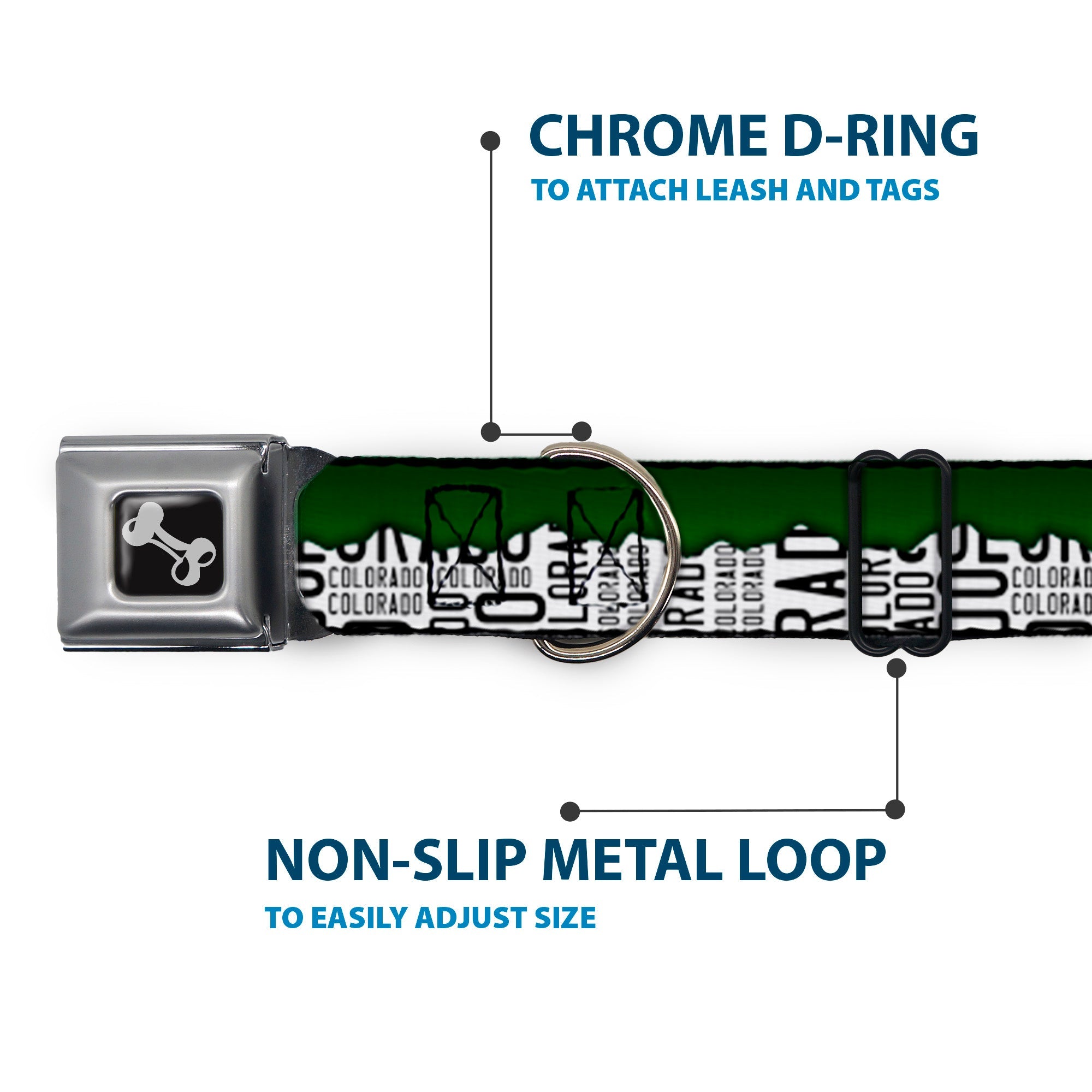 Dog Bone Seatbelt Buckle Collar - Colorado Mountains Green/White/Black Text
